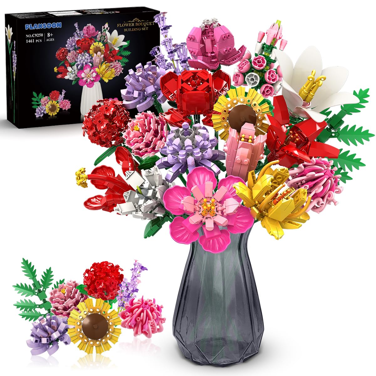 PLAXSOON Flower Bouquet Building Set - 1464 PCS, 18 Realistic Flowers for Home Decor & Gifts