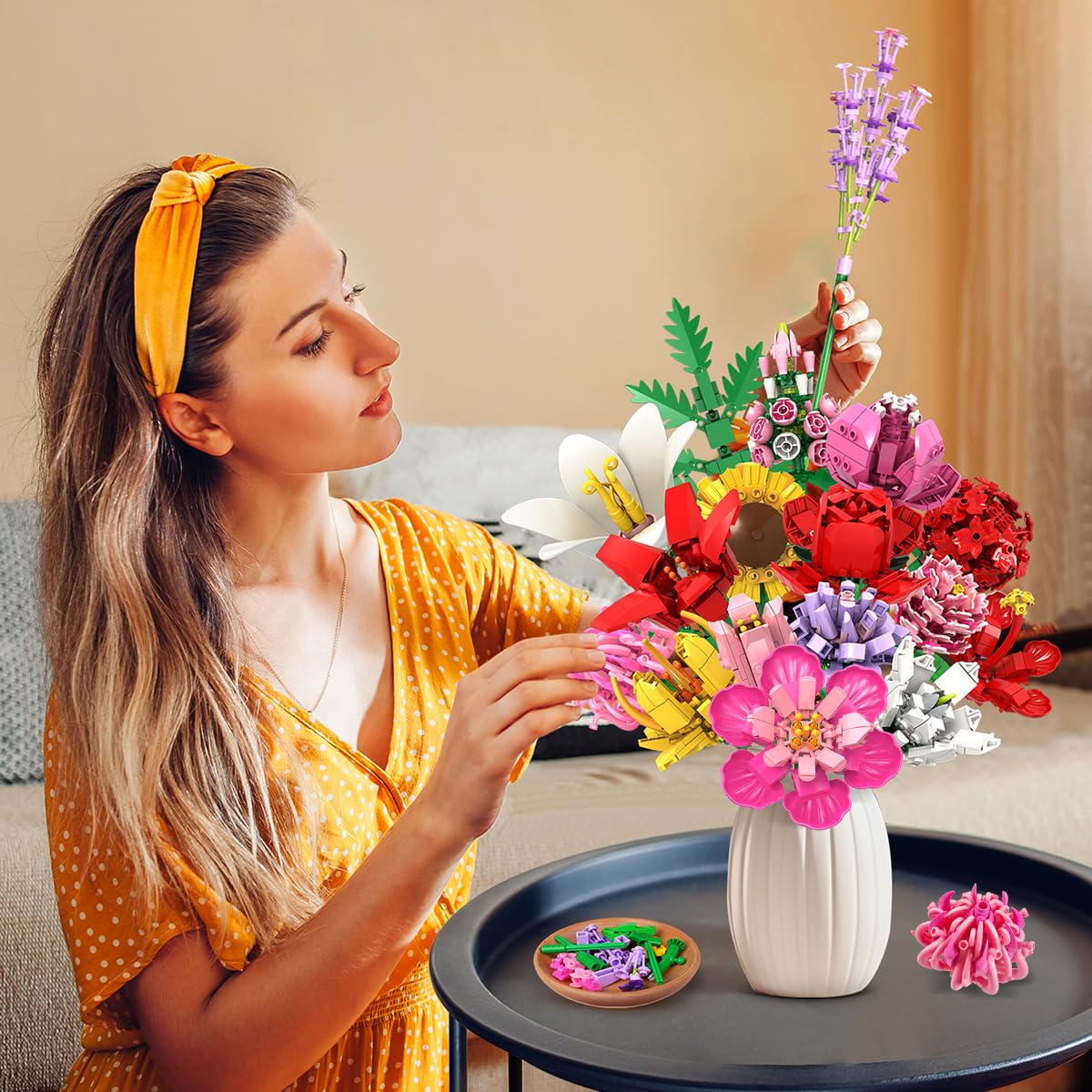 PLAXSOON Flower Bouquet Building Set - 1464 PCS, 18 Realistic Flowers for Home Decor & Gifts