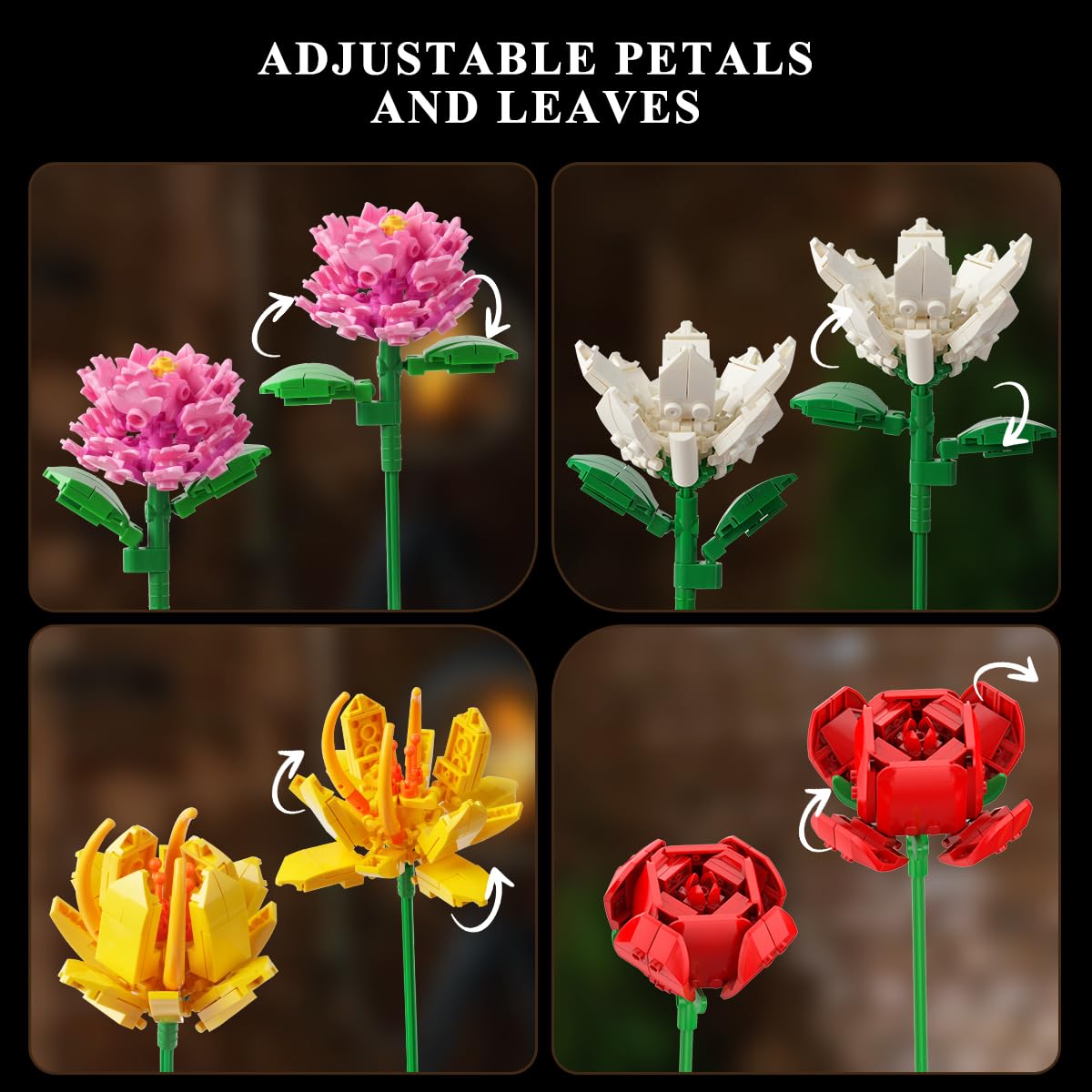 PLAXSOON Flower Bouquet Building Set - 1464 PCS, 18 Realistic Flowers for Home Decor & Gifts