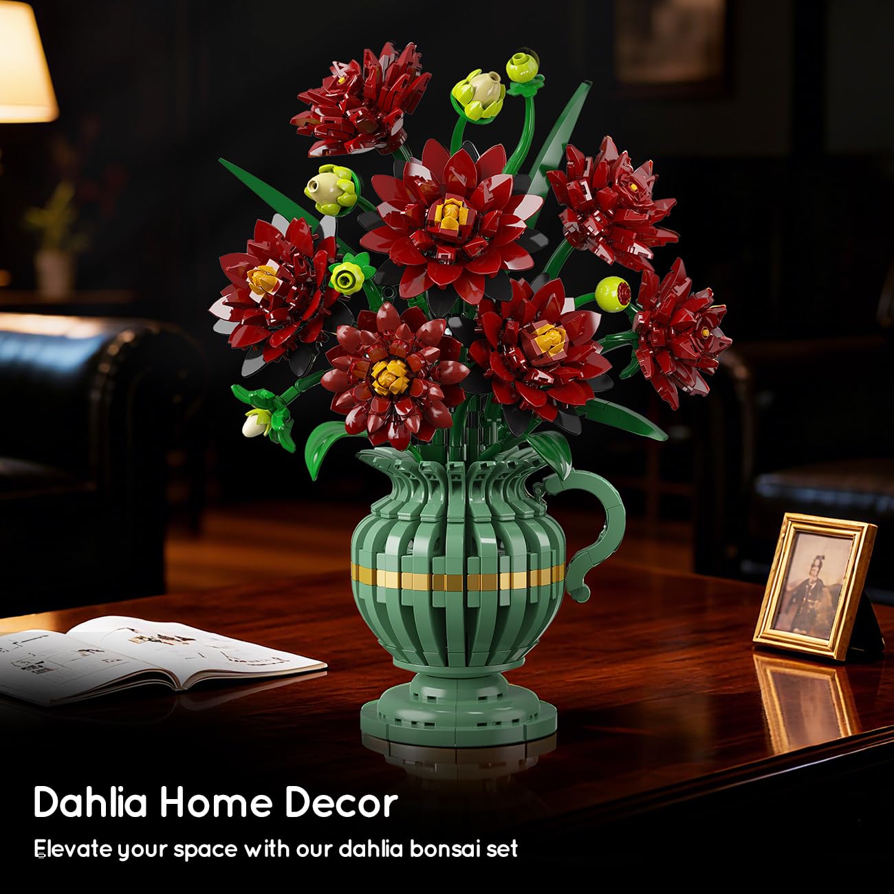PLAXSOON Dahlia Flowers Building Set with Vase – Gothic 1482 PCS Bonsai Kit