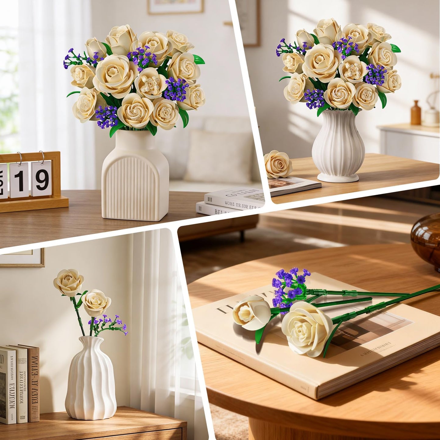 PLAXSOON Champagne Rose Bouquet Building Set with Lights - 523PCS