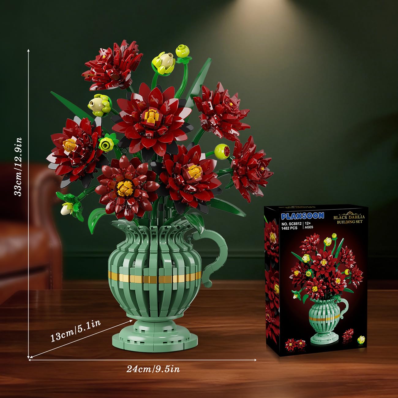 PLAXSOON Dahlia Flowers Building Set with Vase – Gothic 1482 PCS Bonsai Kit