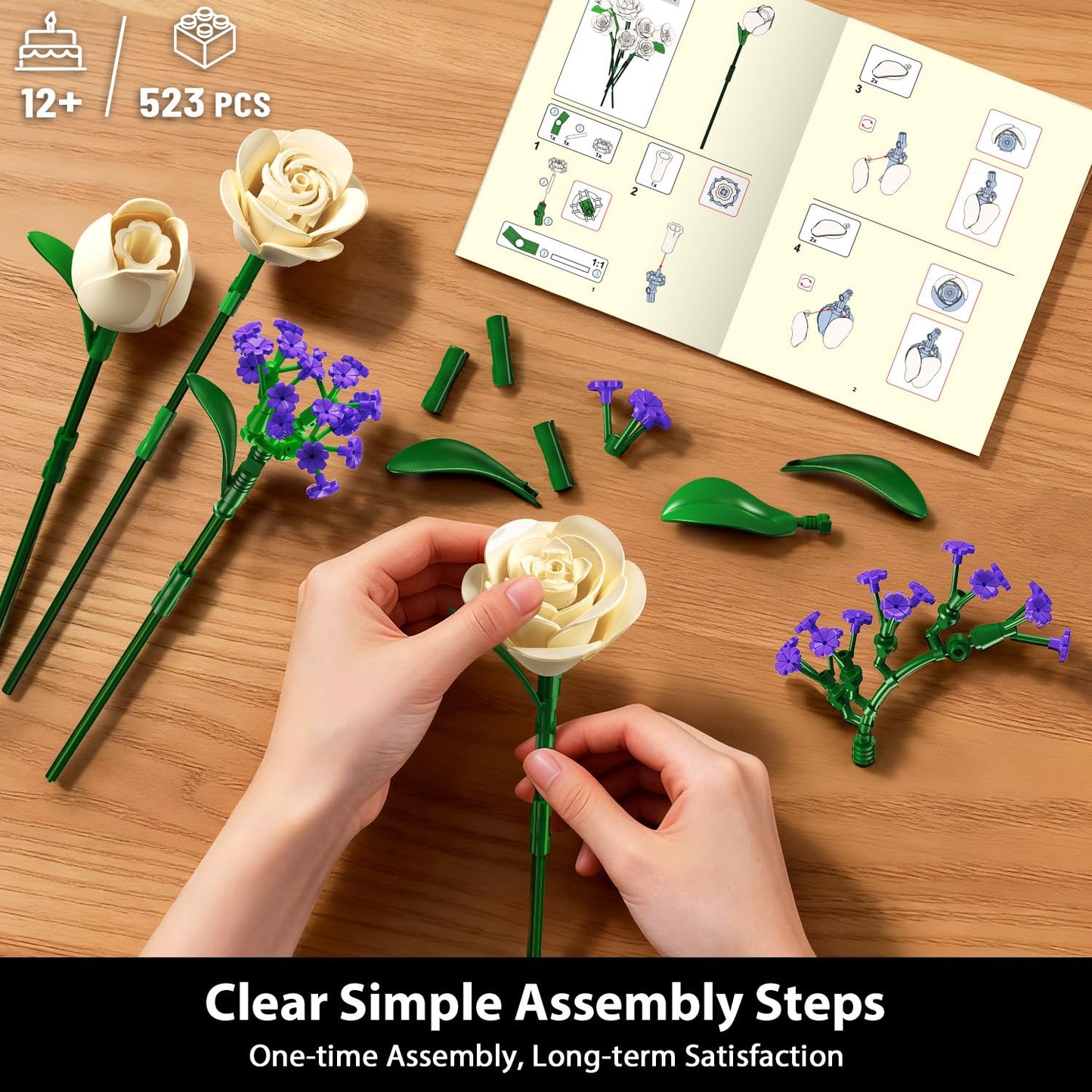 PLAXSOON Champagne Rose Bouquet Building Set with Lights - 523PCS