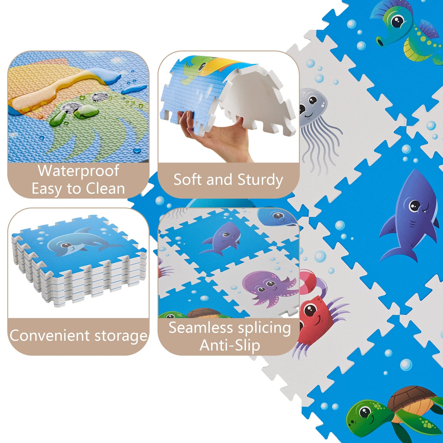 PLAY 10 Puzzle Play Mat – 34x34 in Sea World Interlocking Foam Tiles, 9-Piece