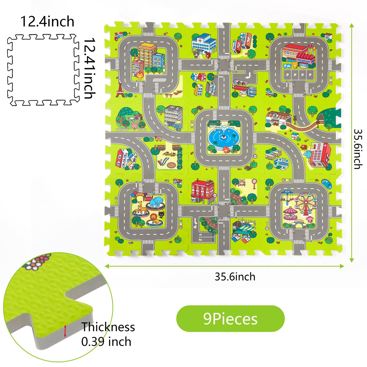 PLAY 10 City Road Interlocking Foam Play Mat – 9-Piece Baby Floor Tiles