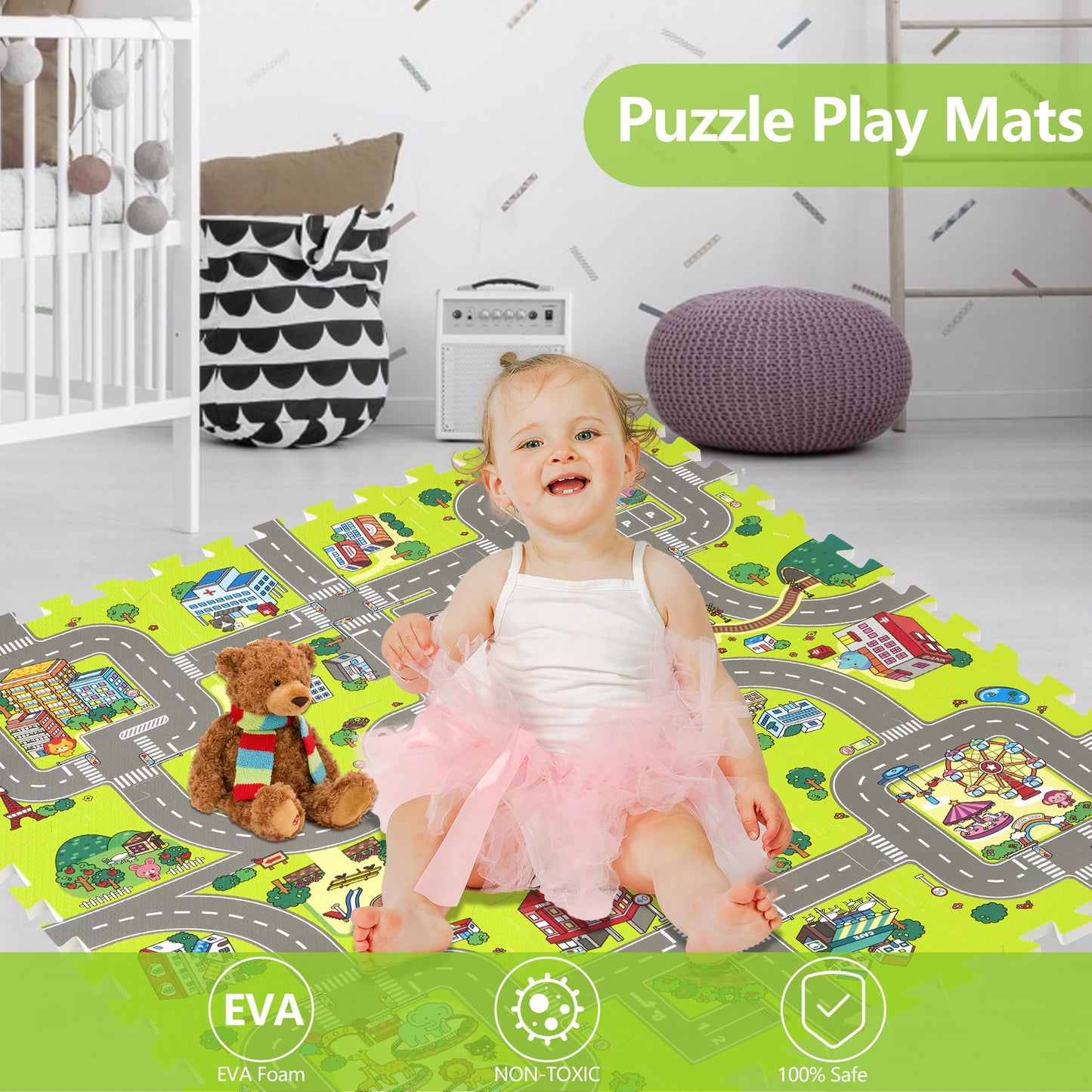 PLAY 10 City Road Interlocking Foam Play Mat – 9-Piece Baby Floor Tiles