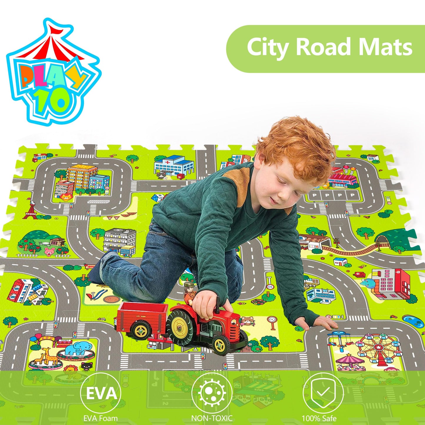 PLAY 10 City Road Interlocking Foam Play Mat – 9-Piece Baby Floor Tiles