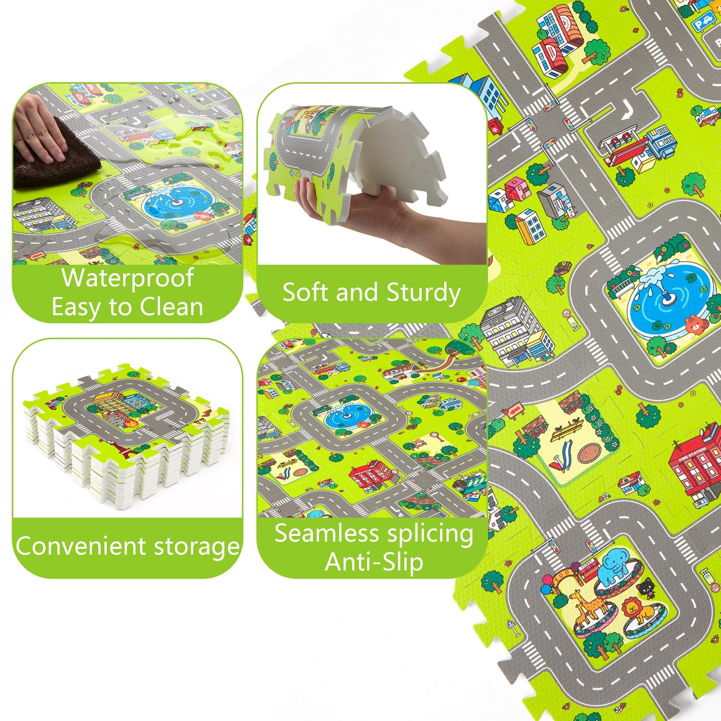 PLAY 10 City Road Interlocking Foam Play Mat – 9-Piece Baby Floor Tiles