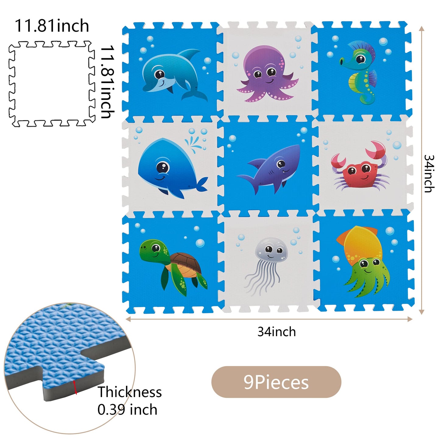 PLAY 10 Puzzle Play Mat – 34x34 in Sea World Interlocking Foam Tiles, 9-Piece