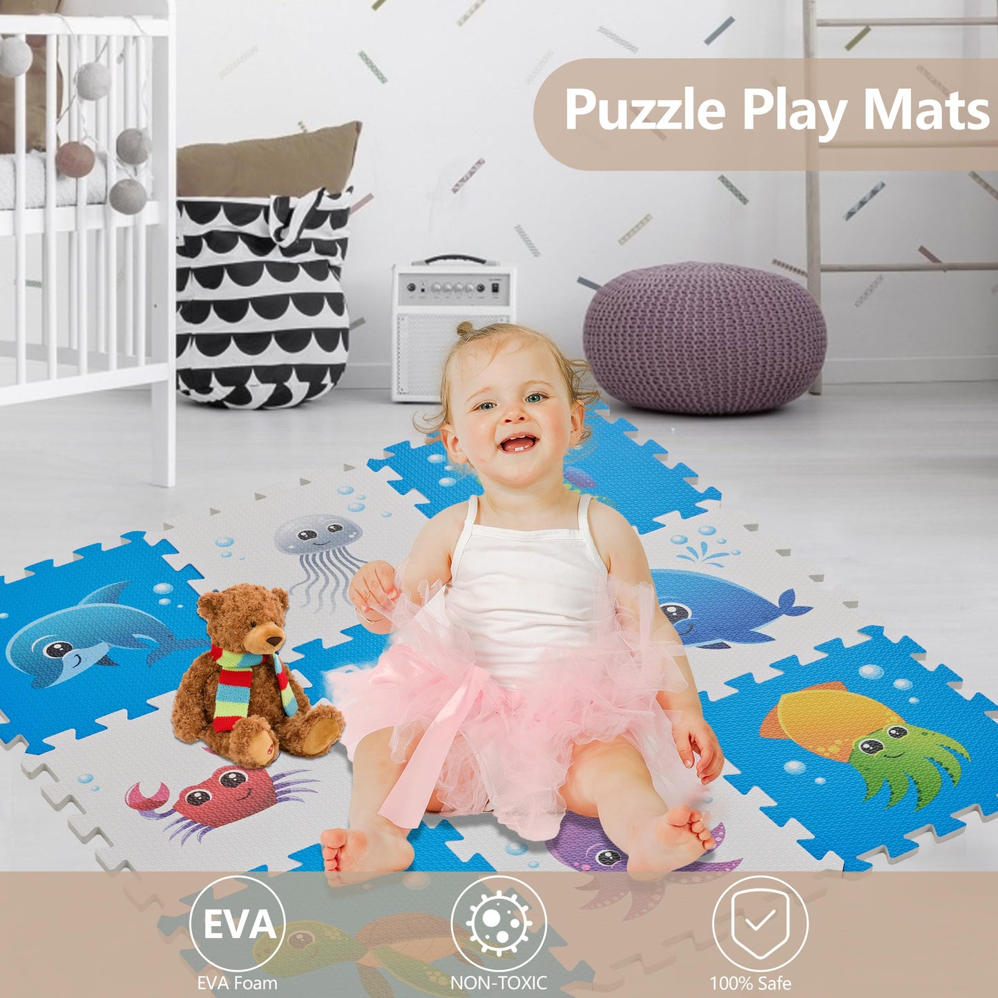 PLAY 10 Puzzle Play Mat – 34x34 in Sea World Interlocking Foam Tiles, 9-Piece