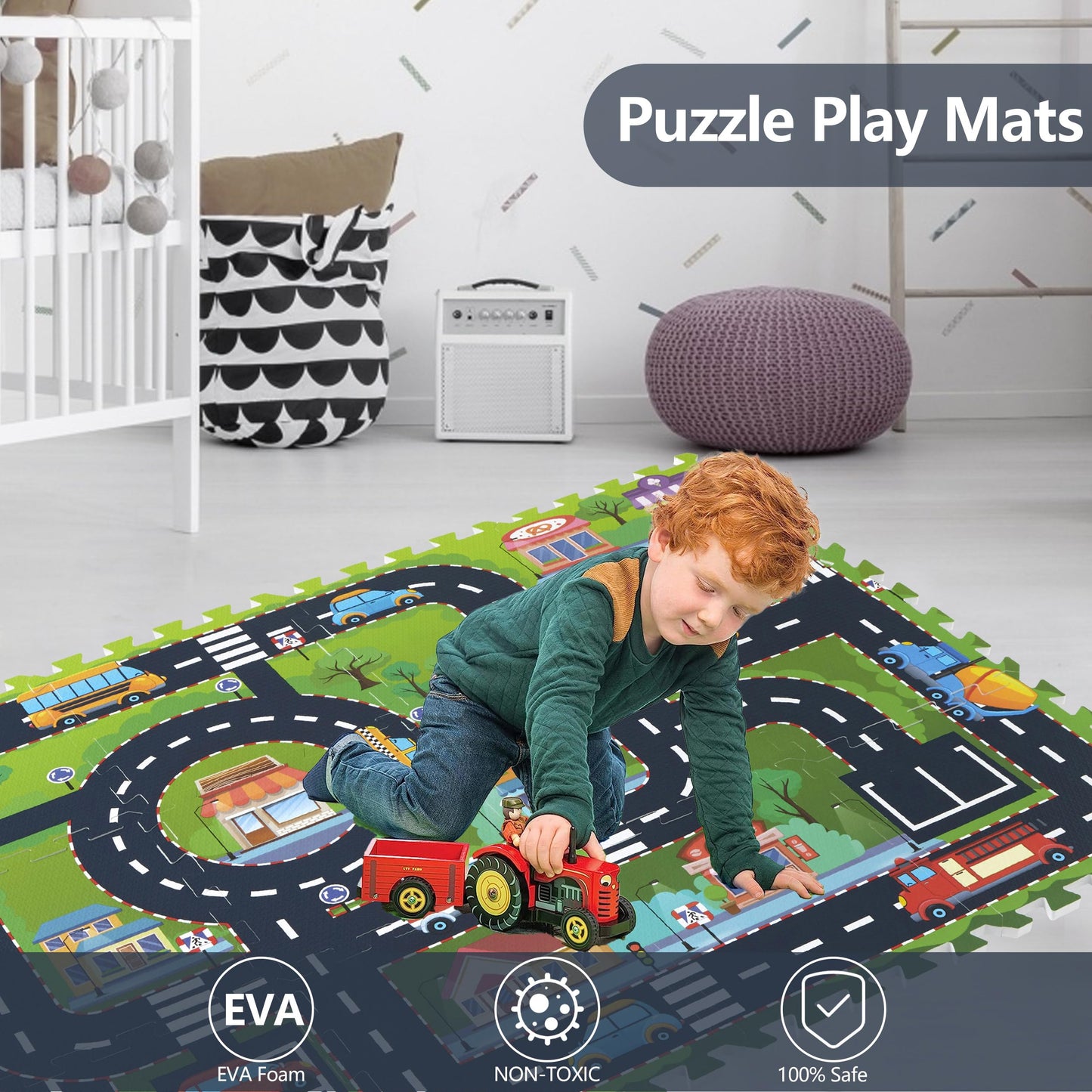 PLAY 10 Foam Play Mat – 12-Piece Interlocking City Road Tiles for Babies