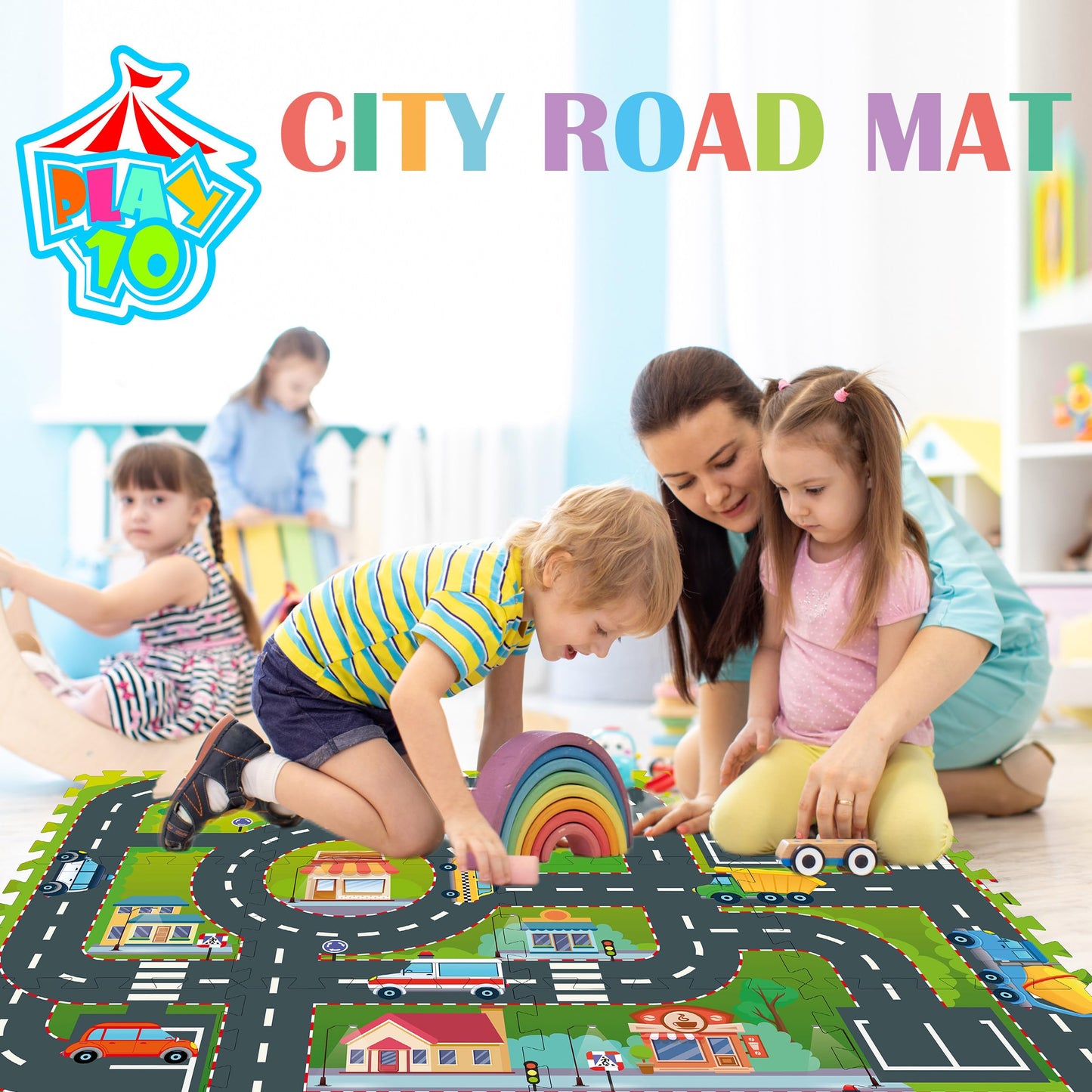 PLAY 10 Foam Play Mat – 12-Piece Interlocking City Road Tiles for Babies