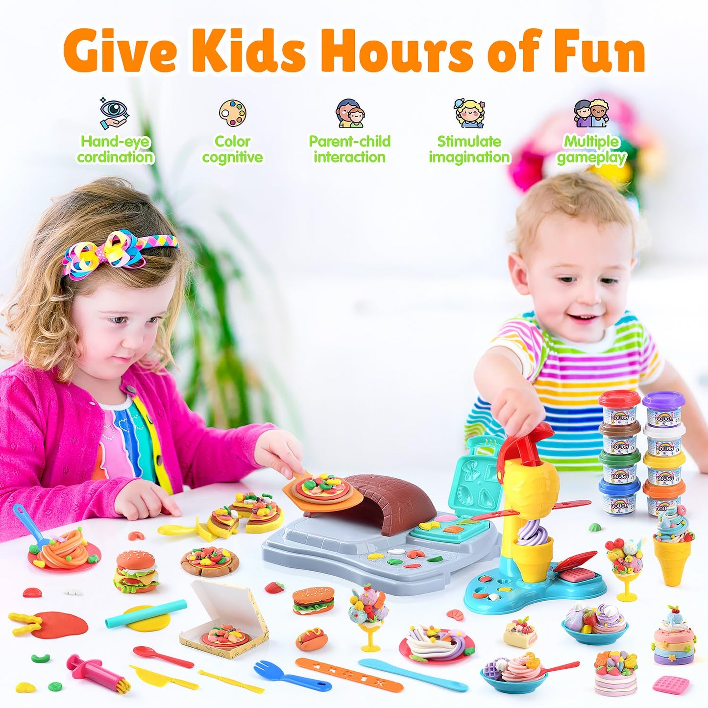 PLAY 2 in 1 Color Dough Set for Kids – Ice Cream & Pizza Maker Kit with 8 Color Dough Cans (2 oz each)