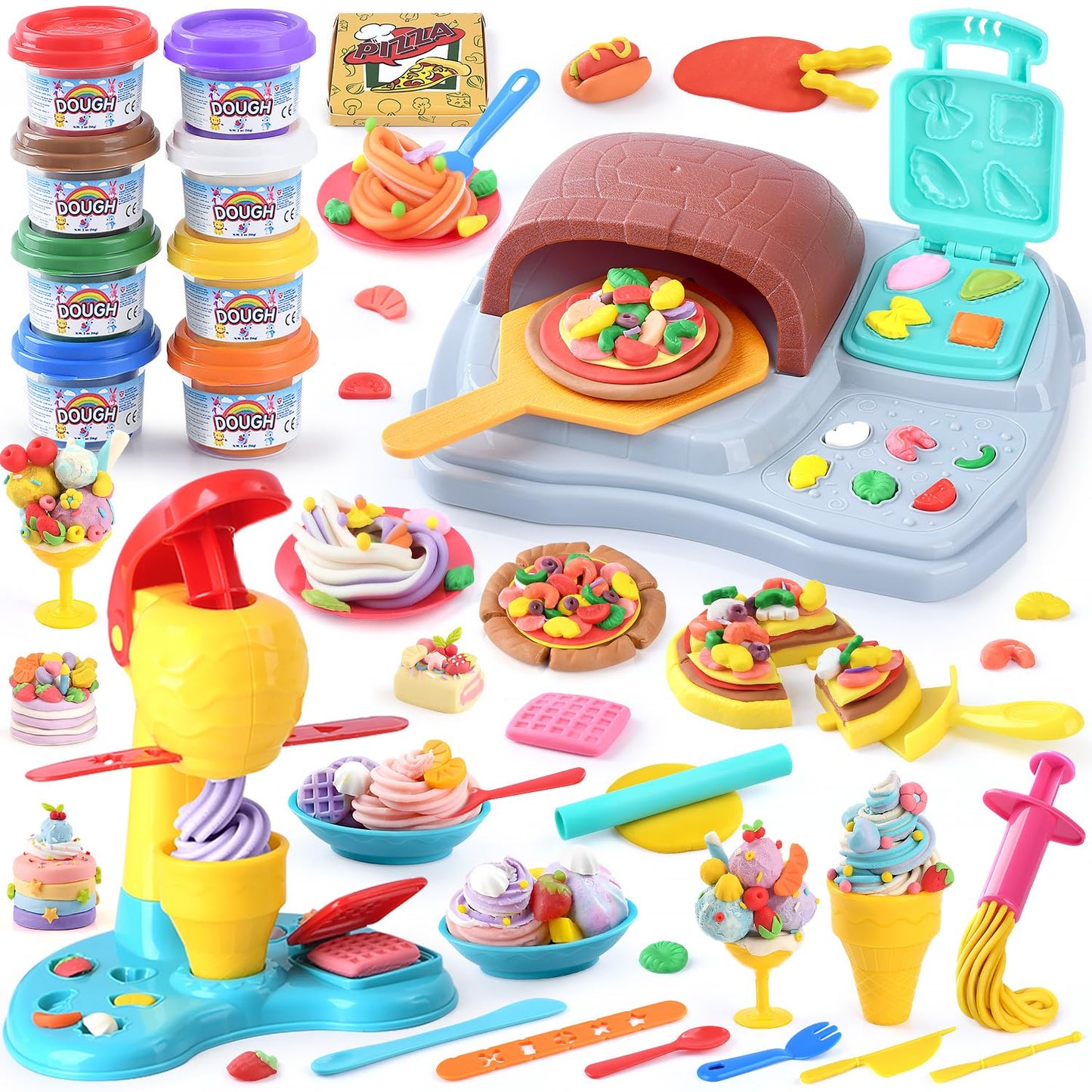 PLAY 2 in 1 Color Dough Set for Kids – Ice Cream & Pizza Maker Kit with 8 Color Dough Cans (2 oz each)