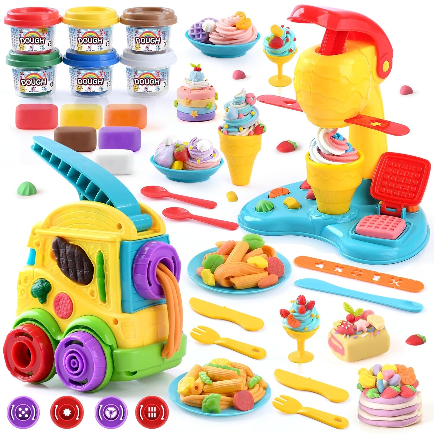 PLAY 2 in 1 Color Dough Kitchen Creations Set | Ice Cream & Noodle Maker | Multicolor Clay 18 oz