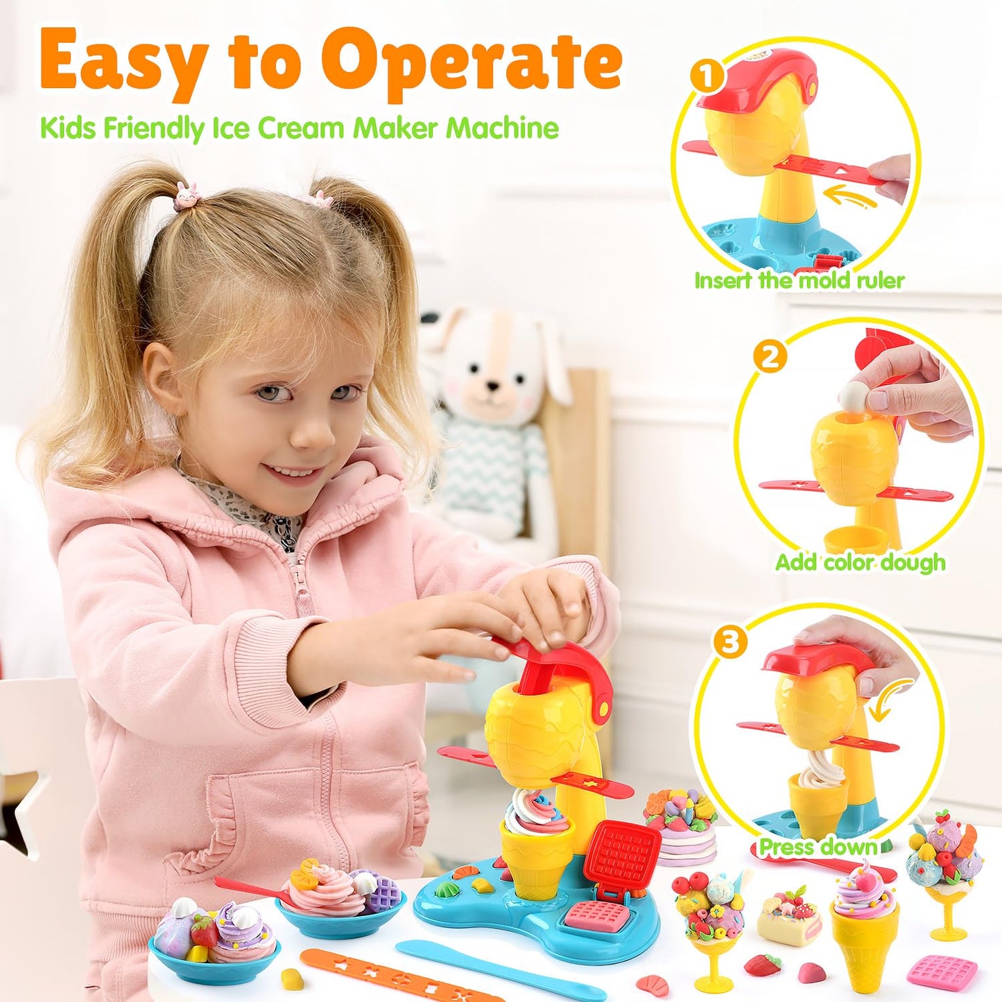 PLAY 2 in 1 Color Dough Set for Kids – Ice Cream & Pizza Maker Kit with 8 Color Dough Cans (2 oz each)