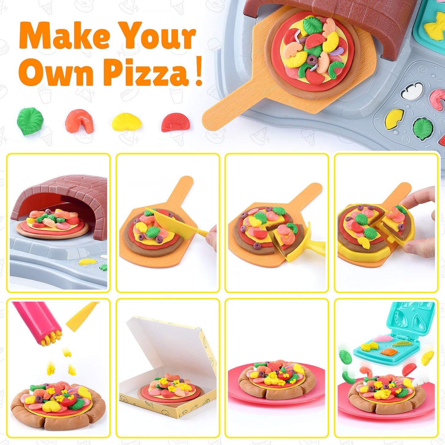 PLAY 2 in 1 Color Dough Set for Kids – Ice Cream & Pizza Maker Kit with 8 Color Dough Cans (2 oz each)