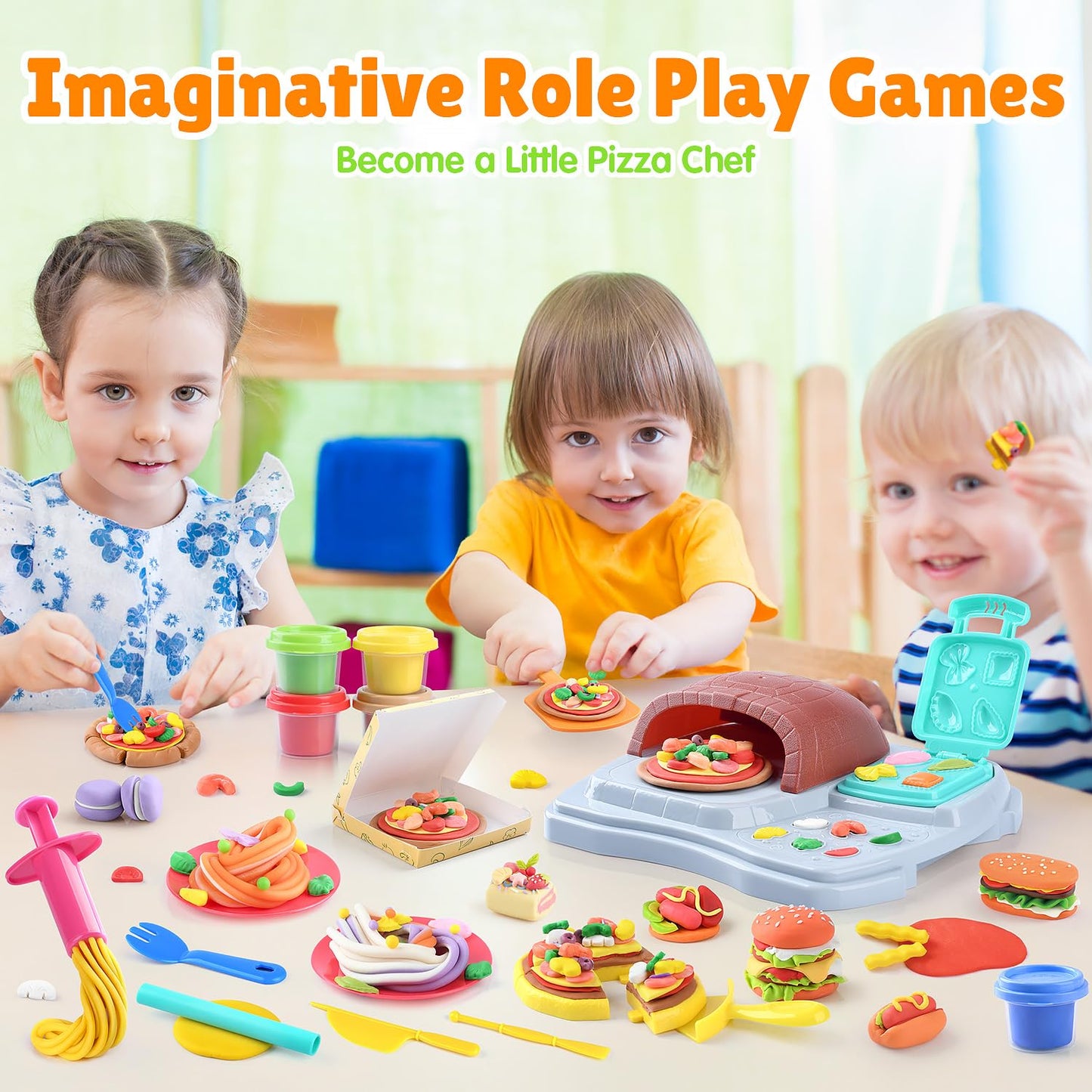PLAY 2 in 1 Color Dough Set for Kids – Ice Cream & Pizza Maker Kit with 8 Color Dough Cans (2 oz each)
