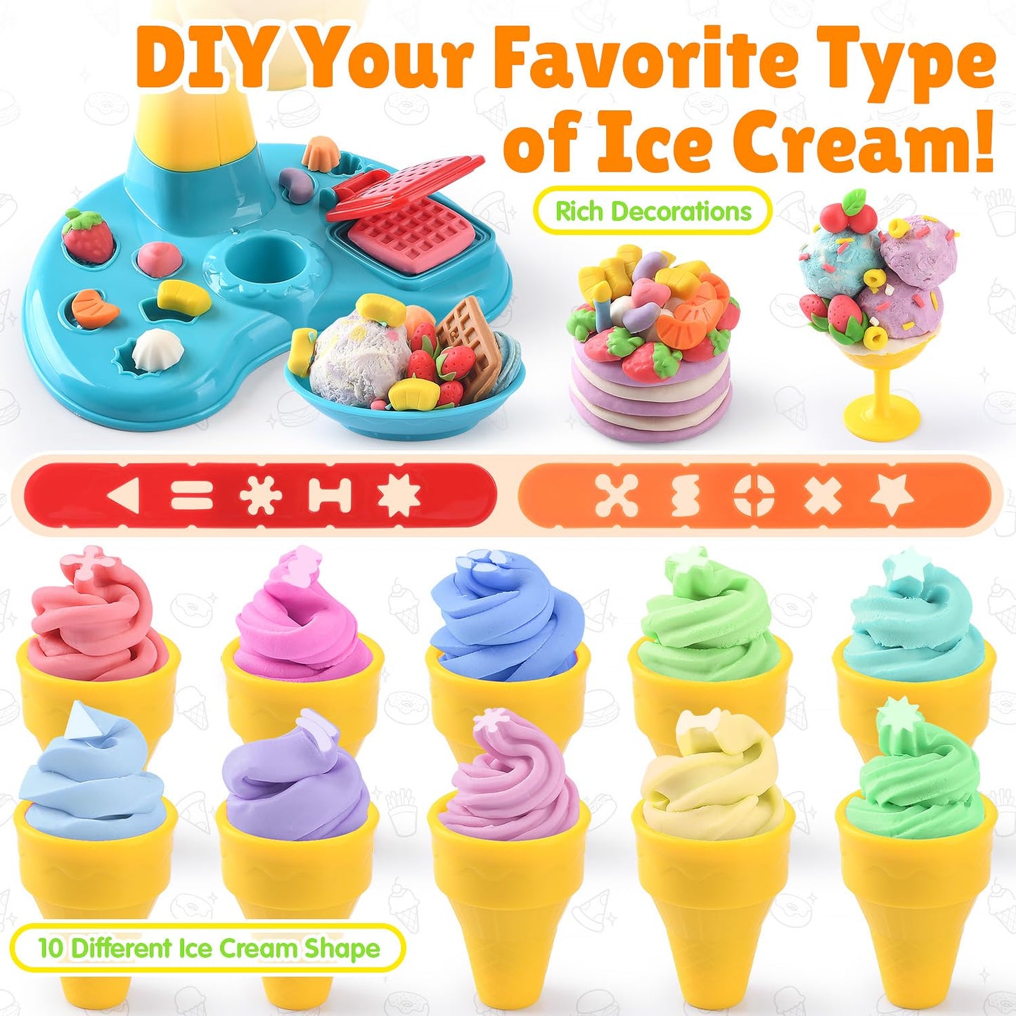 PLAY 2 in 1 Color Dough Set for Kids – Ice Cream & Pizza Maker Kit with 8 Color Dough Cans (2 oz each)