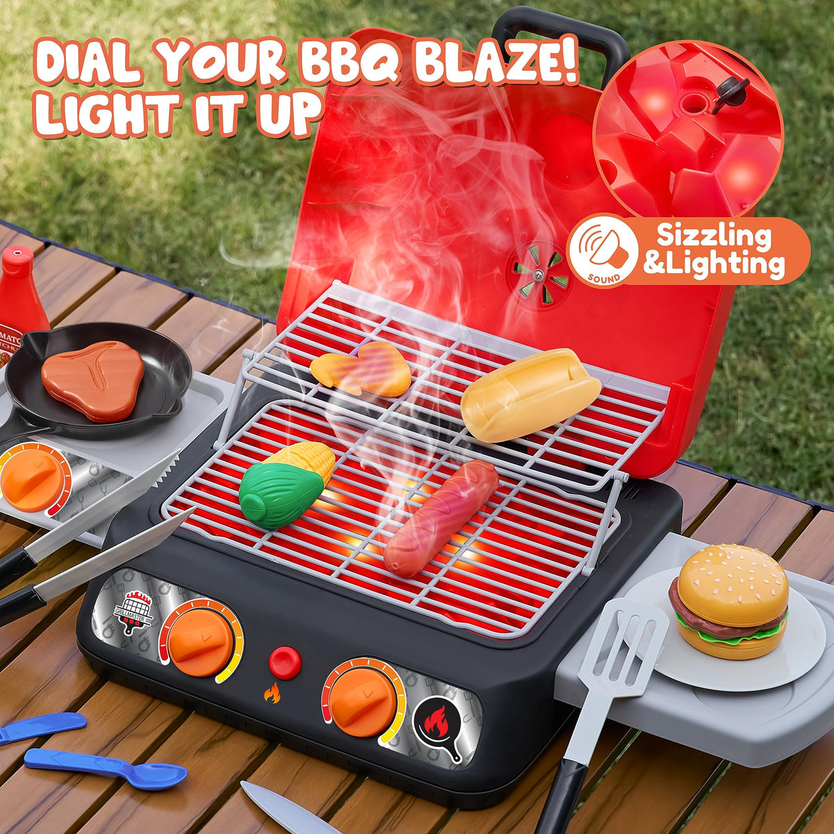 Play-Act Kids BBQ Grill Playset – Realistic Smoke, Lights & Color-Changing Food