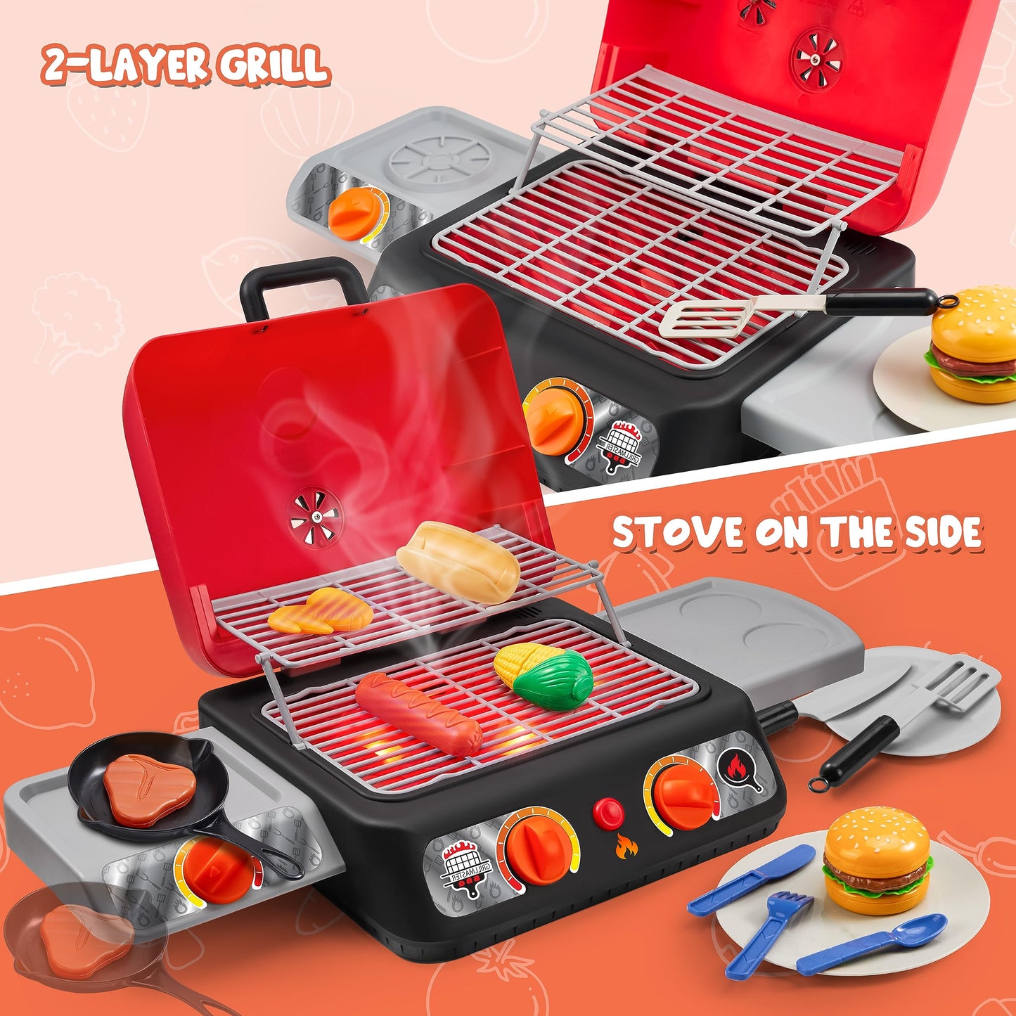 Play-Act Kids BBQ Grill Playset – Realistic Smoke, Lights & Color-Changing Food