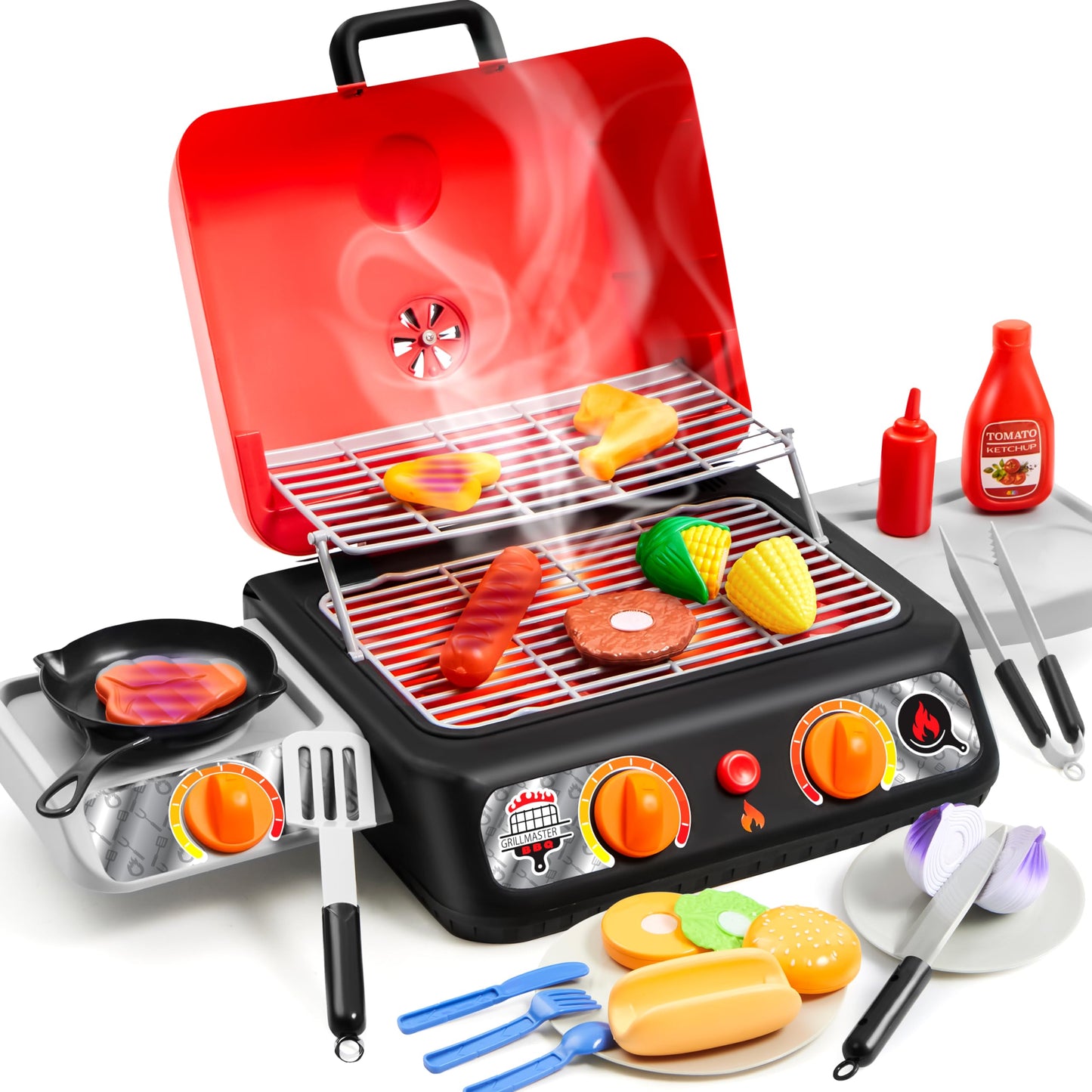 Play-Act Kids BBQ Grill Playset – Realistic Smoke, Lights & Color-Changing Food