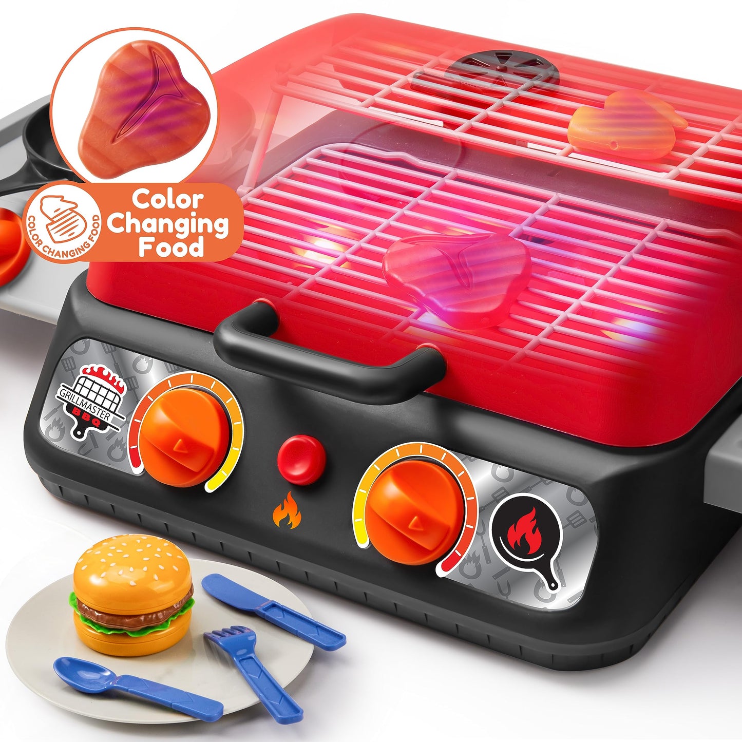 Play-Act Kids BBQ Grill Playset – Realistic Smoke, Lights & Color-Changing Food