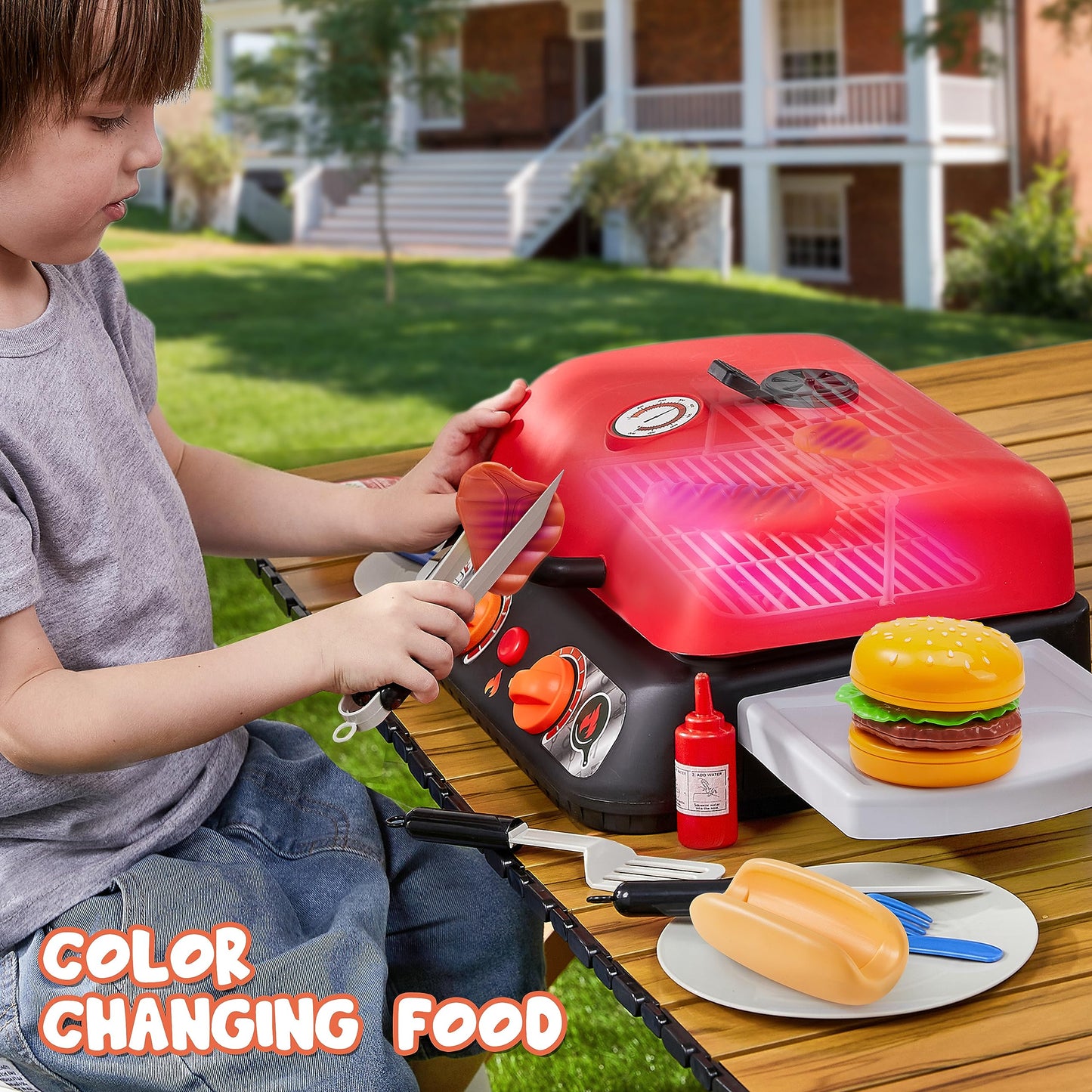 Play-Act Kids BBQ Grill Playset – Realistic Smoke, Lights & Color-Changing Food