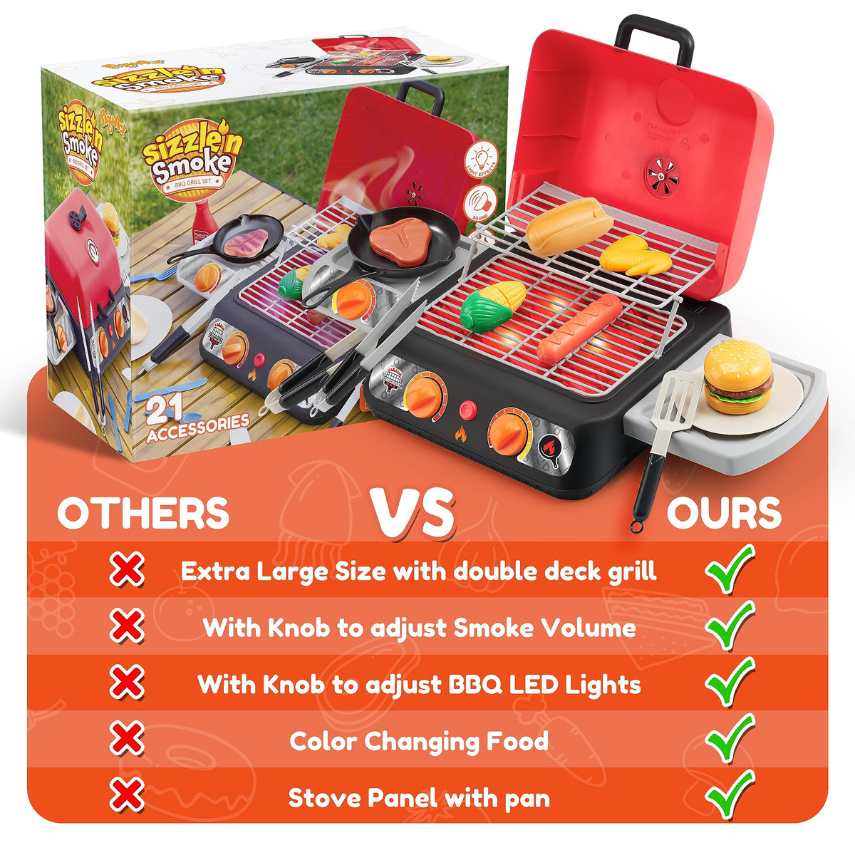 Play-Act Kids BBQ Grill Playset – Realistic Smoke, Lights & Color-Changing Food