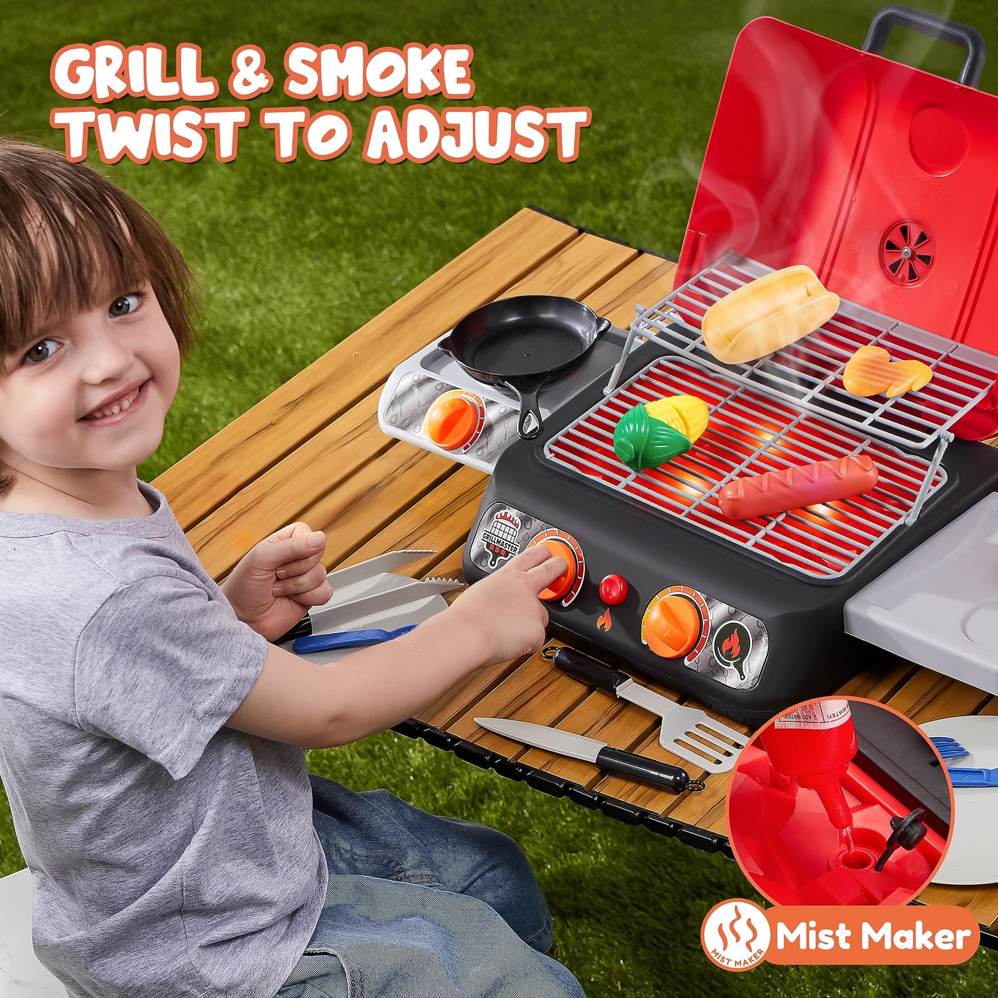 Play-Act Kids BBQ Grill Playset – Realistic Smoke, Lights & Color-Changing Food