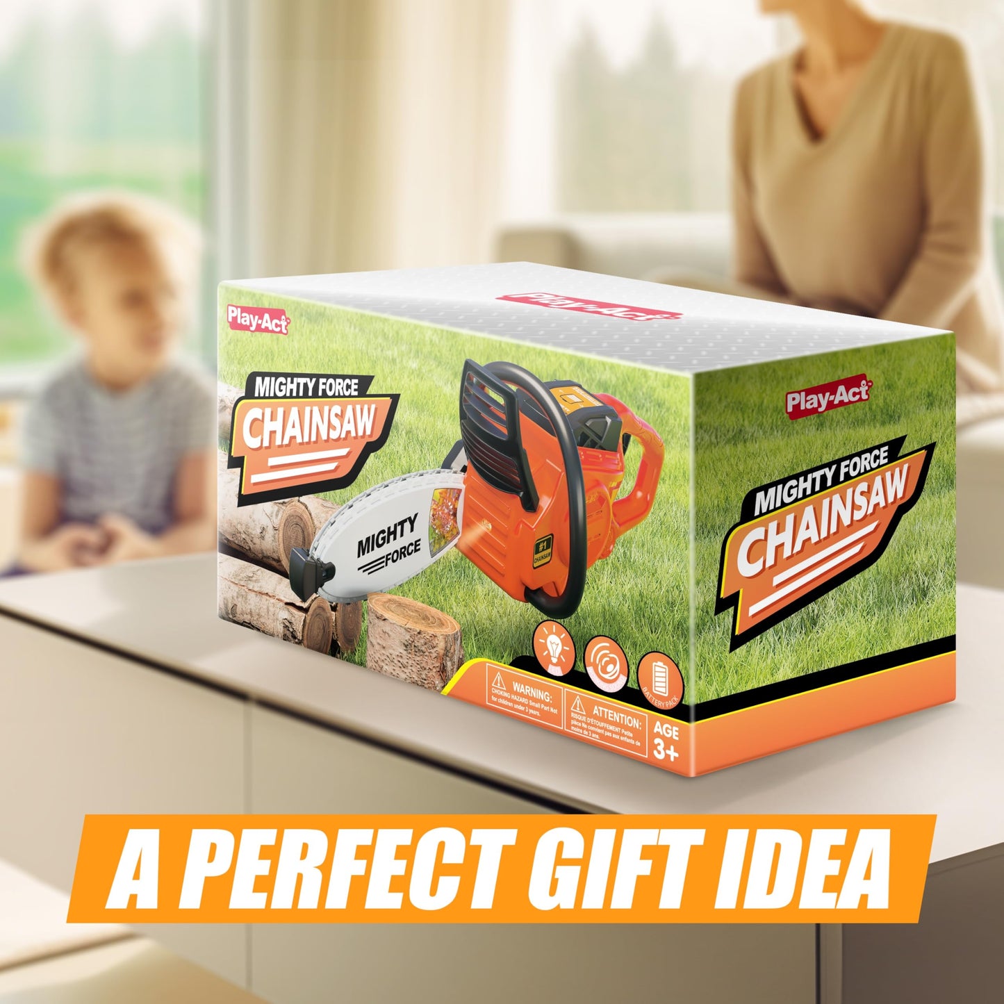Play-Act Mighty Force Chainsaw Toy for Toddlers – Realistic Lights, Sounds & Safe Easy-Grip Design | Ages 3+