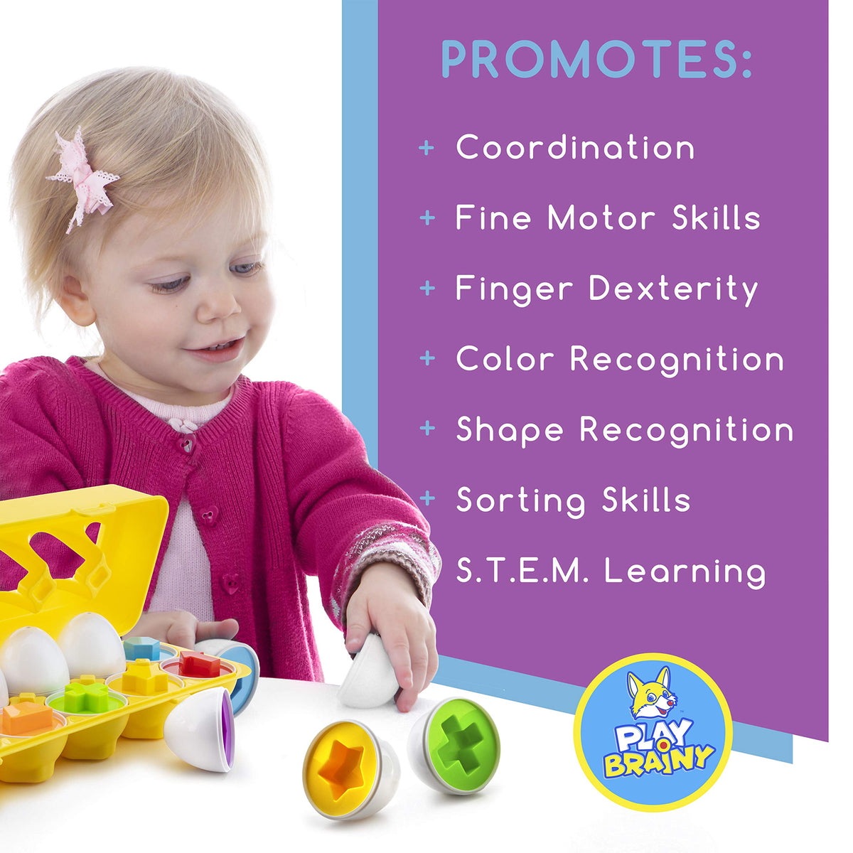 Play Brainy Shape and Color Matching Eggs – Montessori STEM Toy for Toddlers & Preschoolers (12 Eggs)
