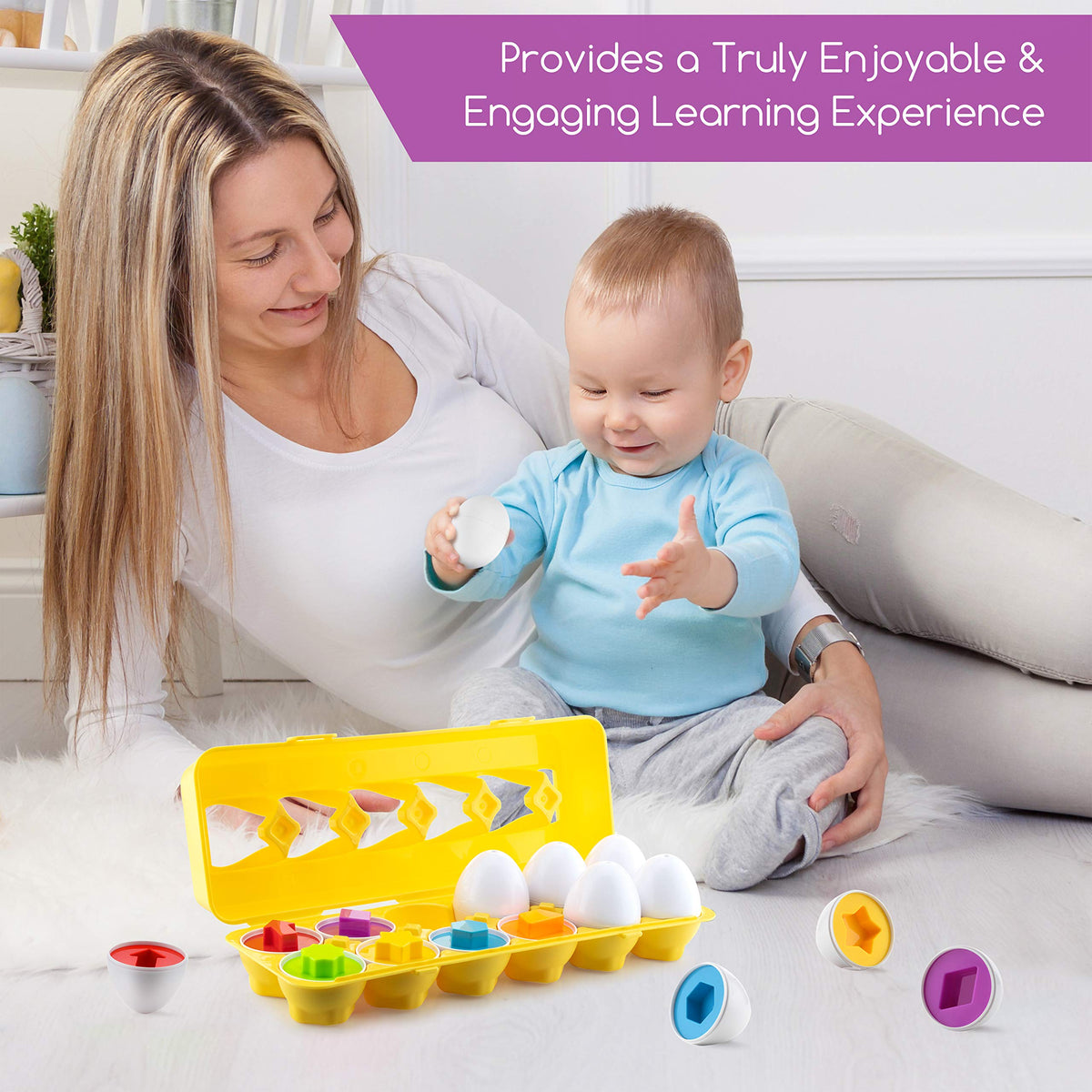 Play Brainy Shape and Color Matching Eggs – Montessori STEM Toy for Toddlers & Preschoolers (12 Eggs)