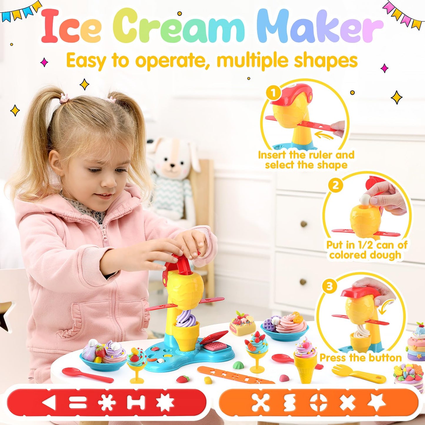 PLAY 2 in 1 Color Dough Kitchen Creations Set | Ice Cream & Noodle Maker | Multicolor Clay 18 oz