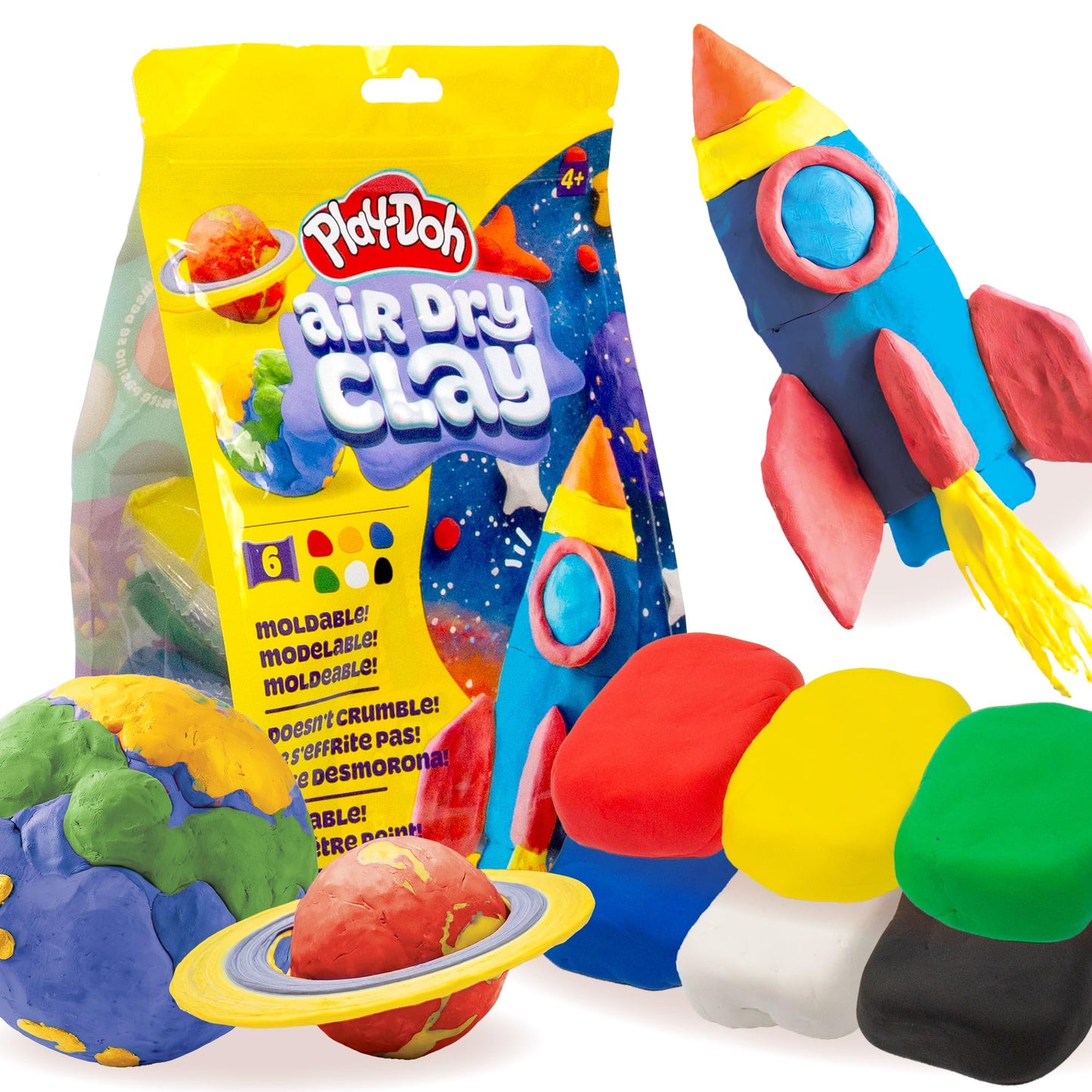 Play-Doh Air-Dry Clay — 6 Vibrant Colors, Lightweight & Crumble-Free for Kids | Mold, Paint, Create