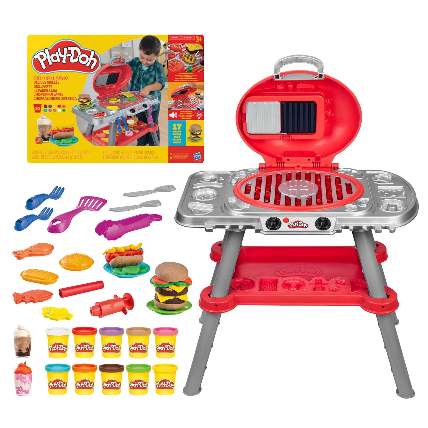 Play-Doh Sizzlin' Grill Playset with Lights & Sounds | 17 Accessories, 10 Cans | Ages 3+