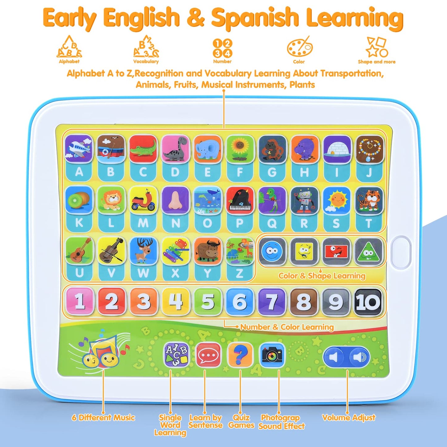 PLAY Bilingual Learning Tablet for Toddlers 1-3 – English & Spanish Alphabet