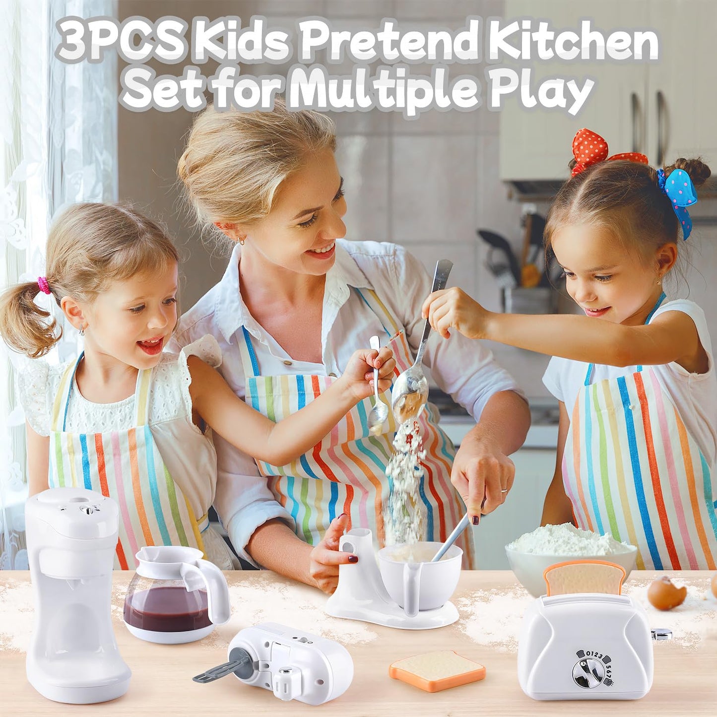 PLAY Kitchen Appliances Toys Set — Realistic Coffee Maker, Toaster, Mixer for Kids 4-8