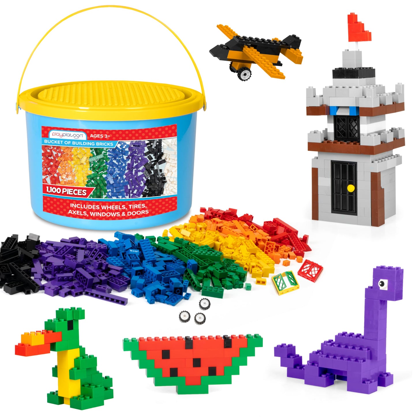 Play Platoon 1100-Piece Building Bricks Set | 14 Shapes, Wheels & Windows | Compatible with Major Brands