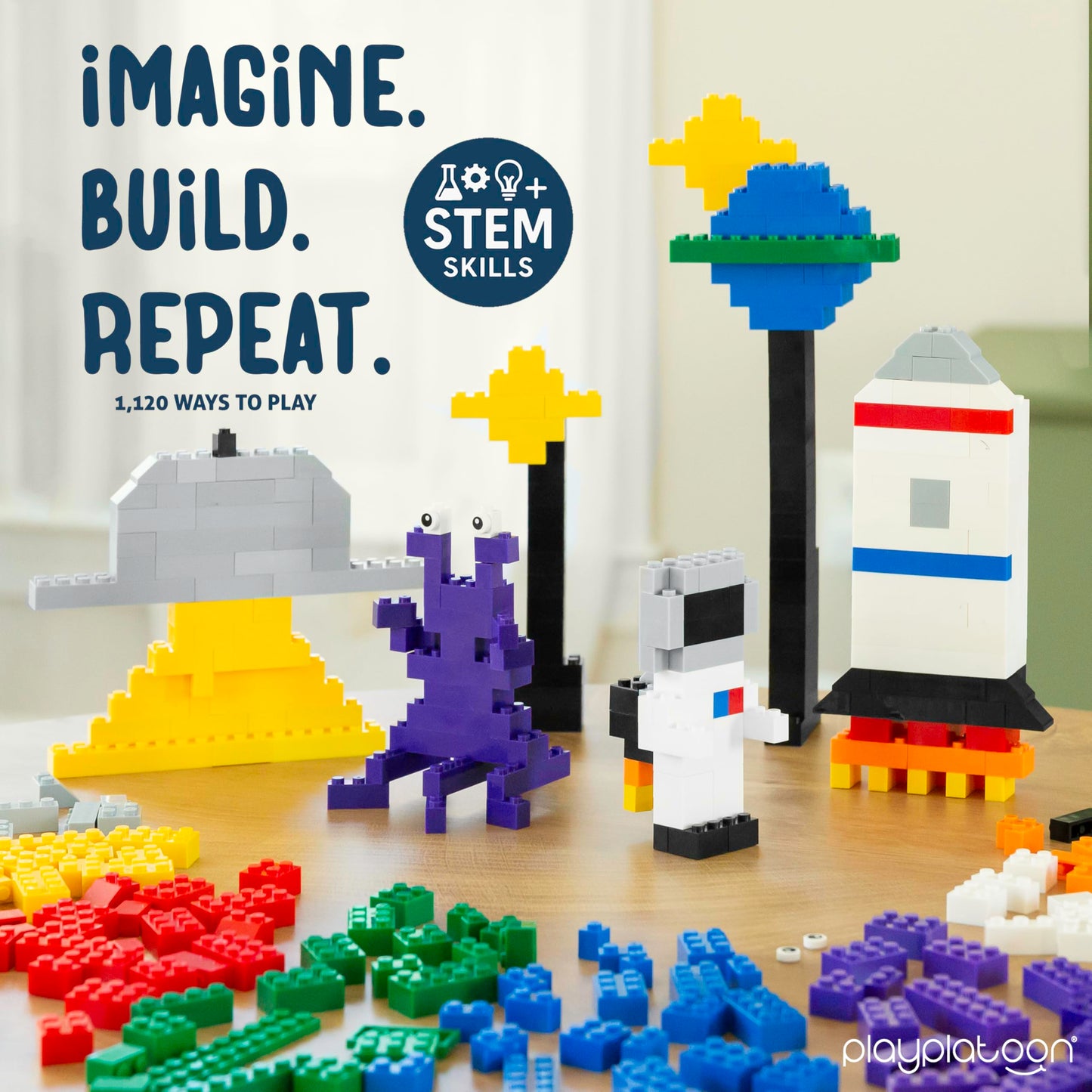 Play Platoon 1100 Pieces Building Bricks Set – 14 Shapes, 10 Classic Colors, Compatible with Major Brands