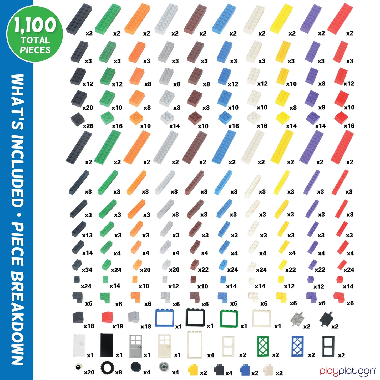 Play Platoon 1100-Piece Building Bricks Set | 14 Shapes, Wheels & Windows | Compatible with Major Brands
