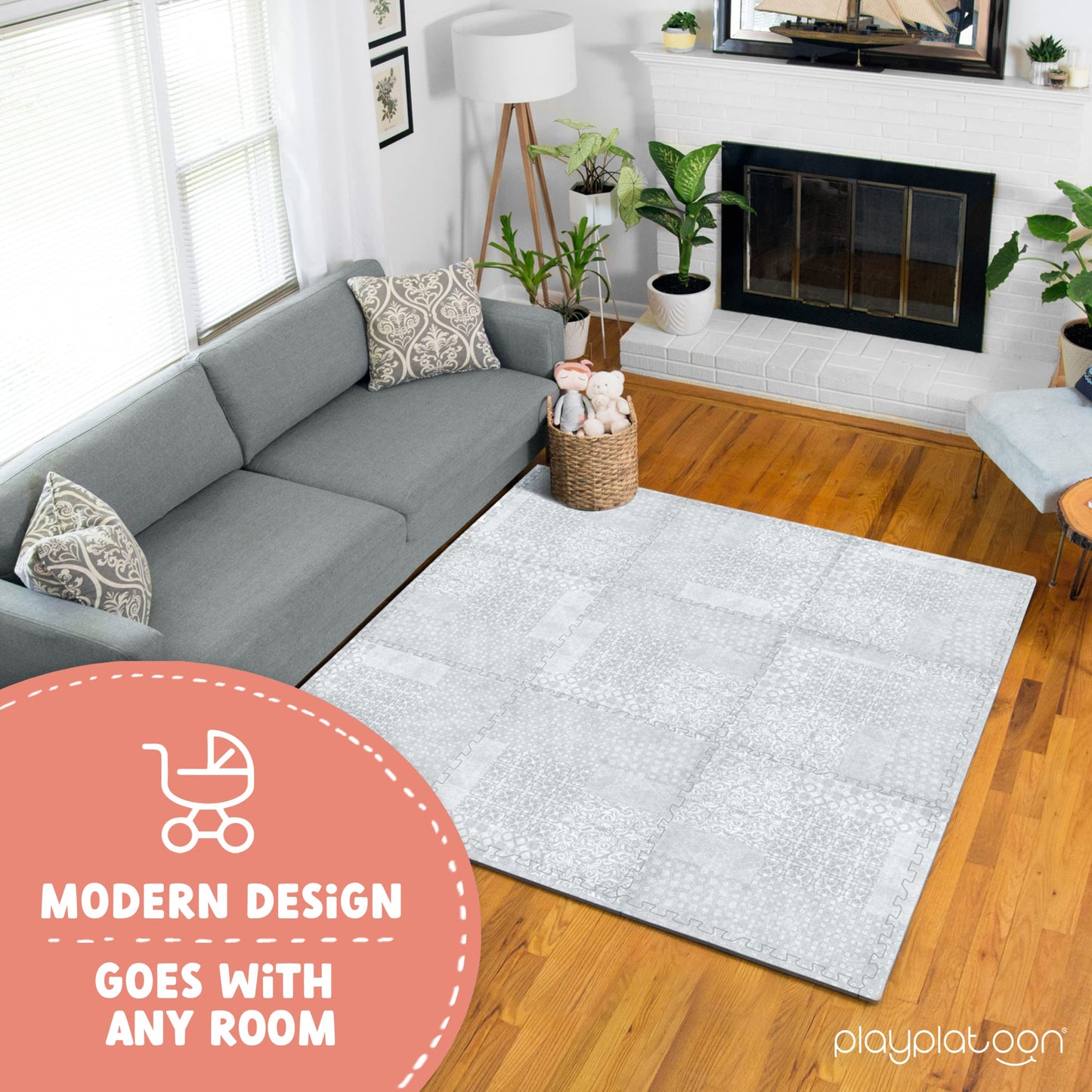 Play Platoon Large Baby Play Mat | 72x72 in Interlocking 9 Tiles | Extra-Thick 5/8 in | Neutral Grey Boho