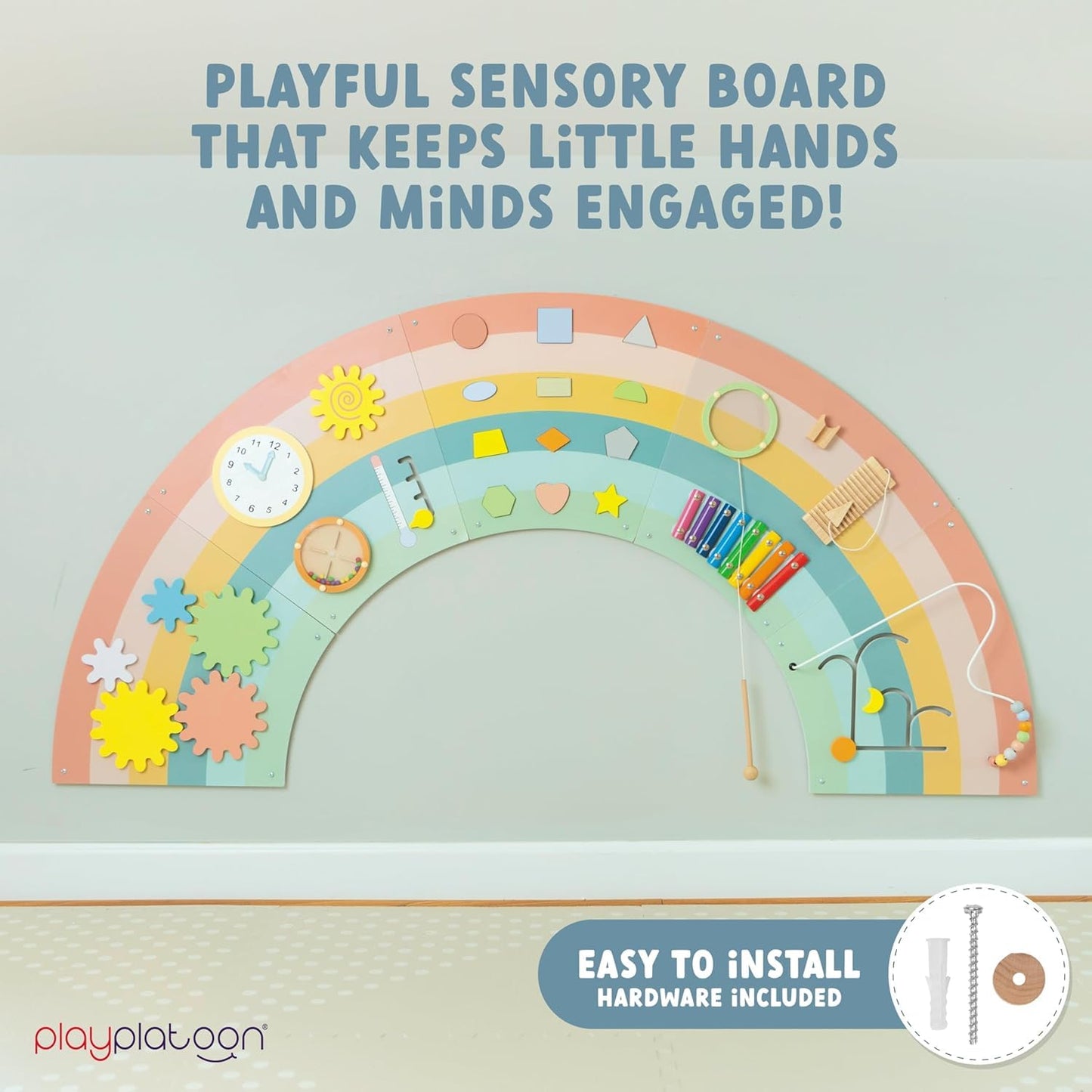 Play Platoon Kids Sensory Wall Panel – 11-Activity Rainbow Montessori Busy Board (64x32 in)