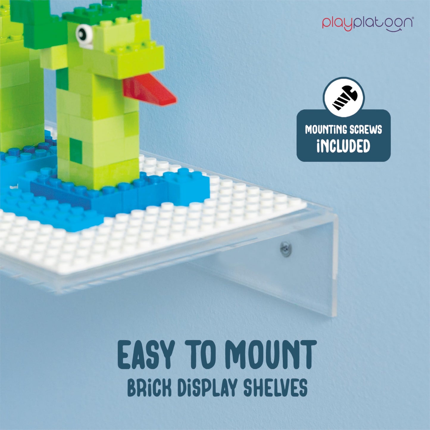 Play Platoon 2-Pack Building Brick Display Shelves – 12x5 Inch White Acrylic Wall Mount, Lego & Megablox Compatible