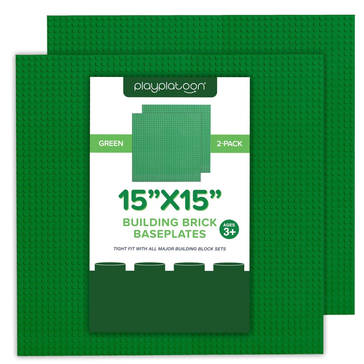 Play Platoon 15x15 Green Baseplates - Extra Large Landscape - 2 Pack - Lego Compatible