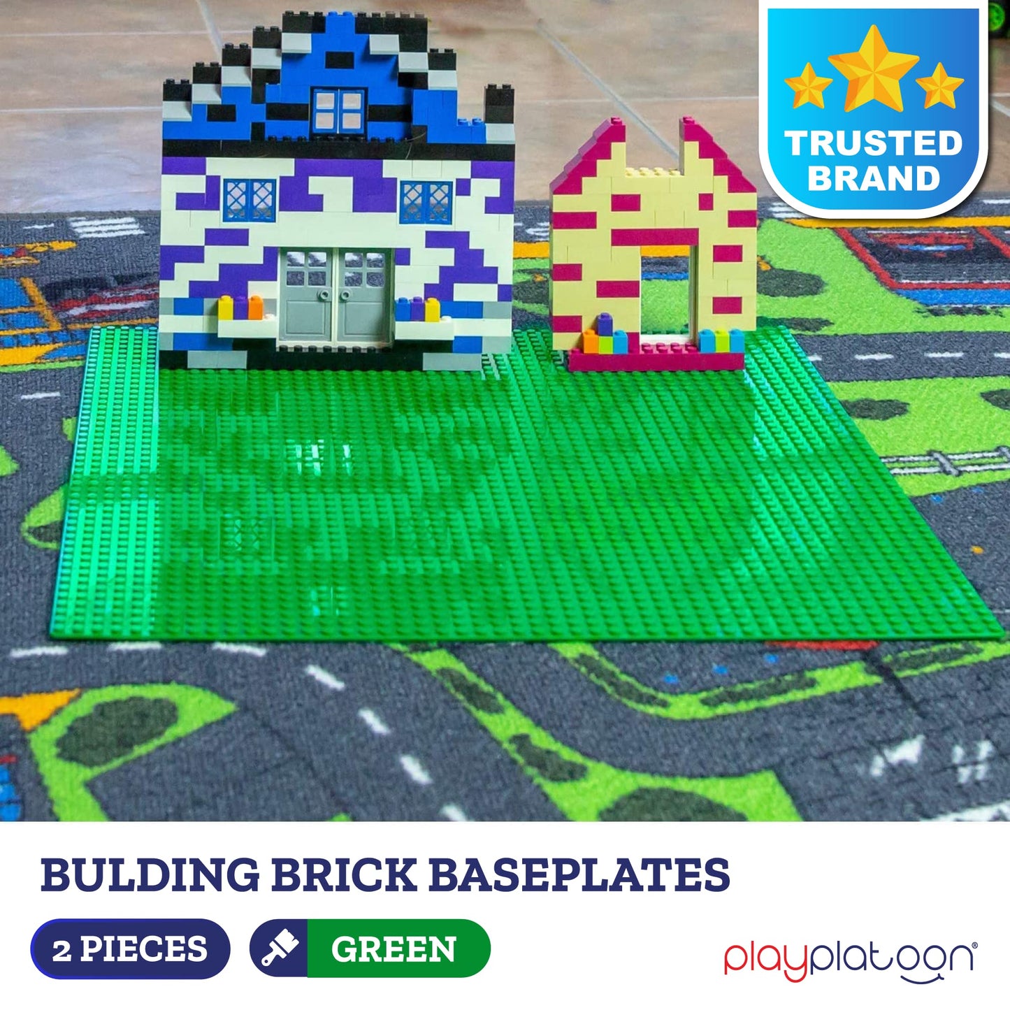 Play Platoon 15x15 Green Baseplates - Extra Large Landscape - 2 Pack - Lego Compatible