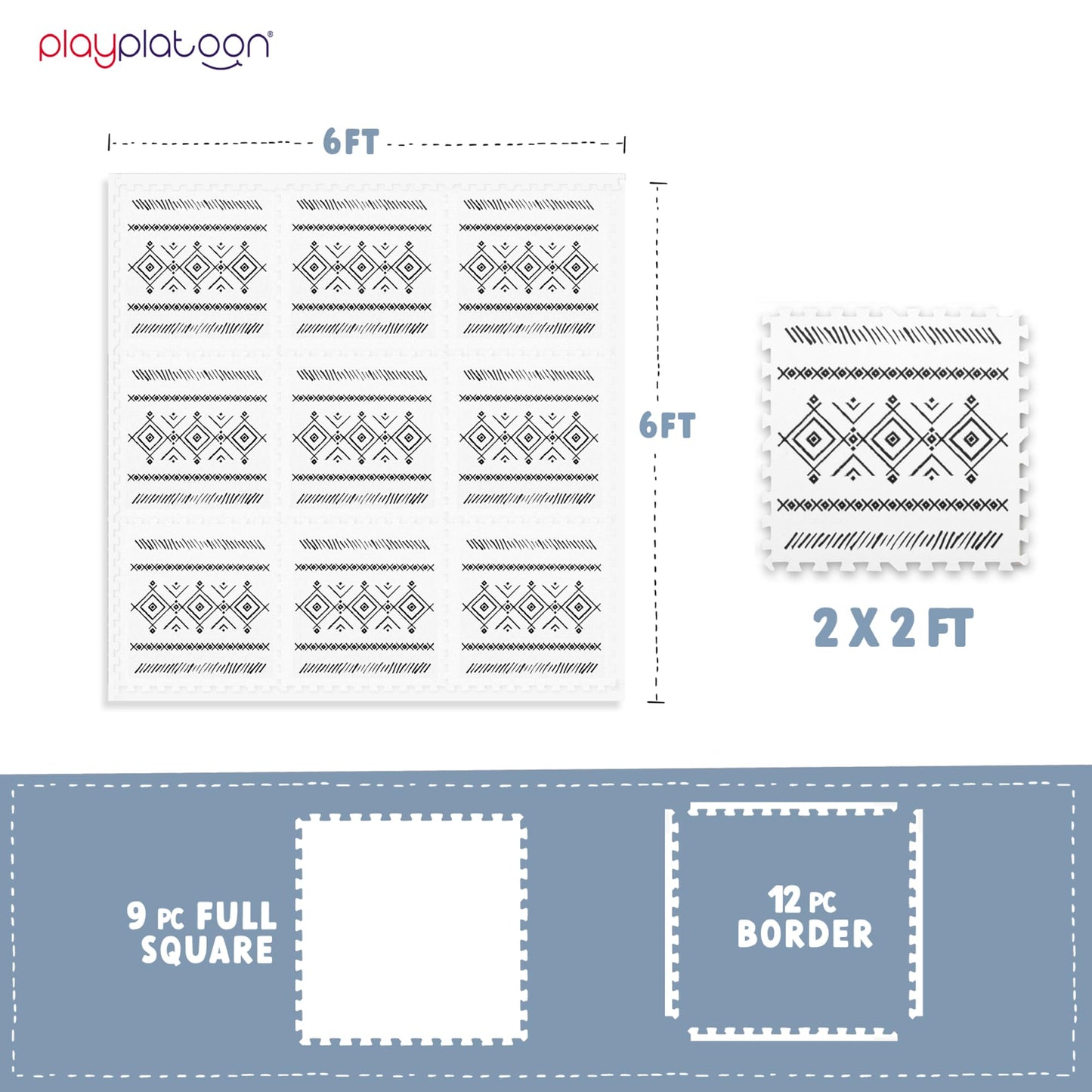 Play Platoon Non-Toxic Extra-Thick Play Mat, 9 Tiles, 72x72 in – Black/White