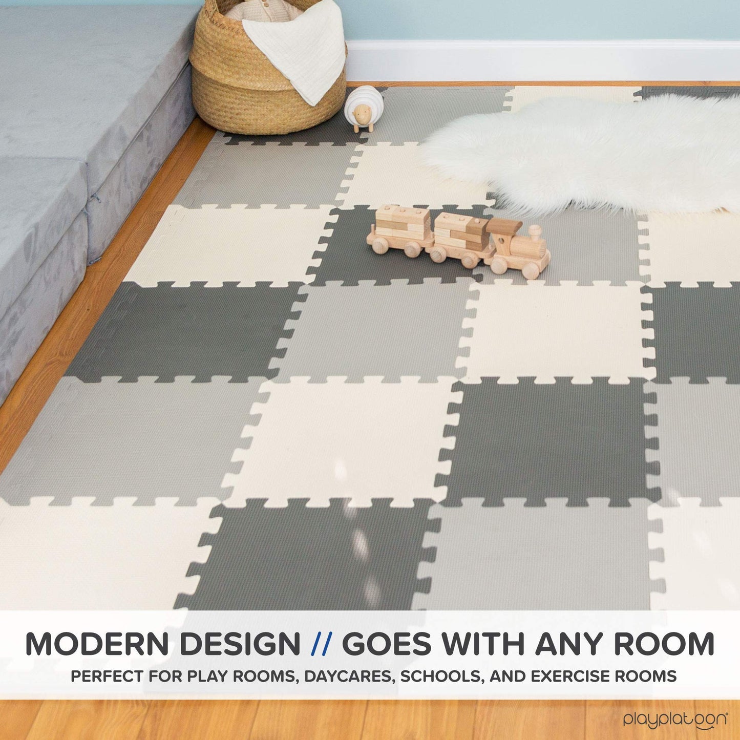Play Platoon Non-Toxic Foam Puzzle Floor Mat – Extra Thick 36 Tiles 12x12 | Grey/Cream/Charcoal