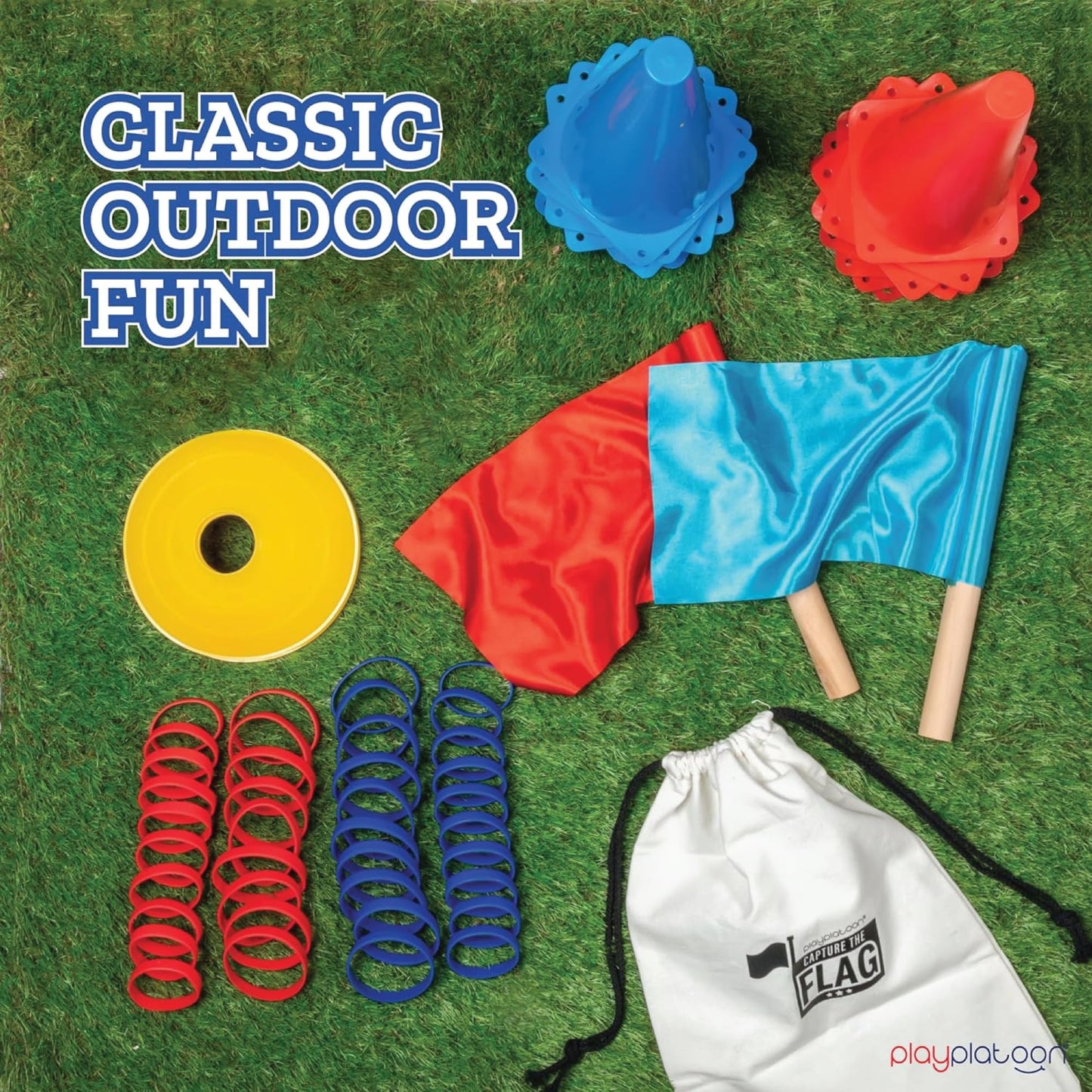 Play Platoon Capture The Flag - Traditional 20-Player Outdoor Set with Real Wood Flags