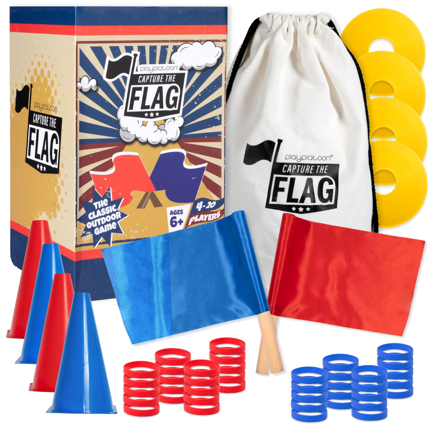 Play Platoon Capture The Flag - Traditional 20-Player Outdoor Set with Real Wood Flags
